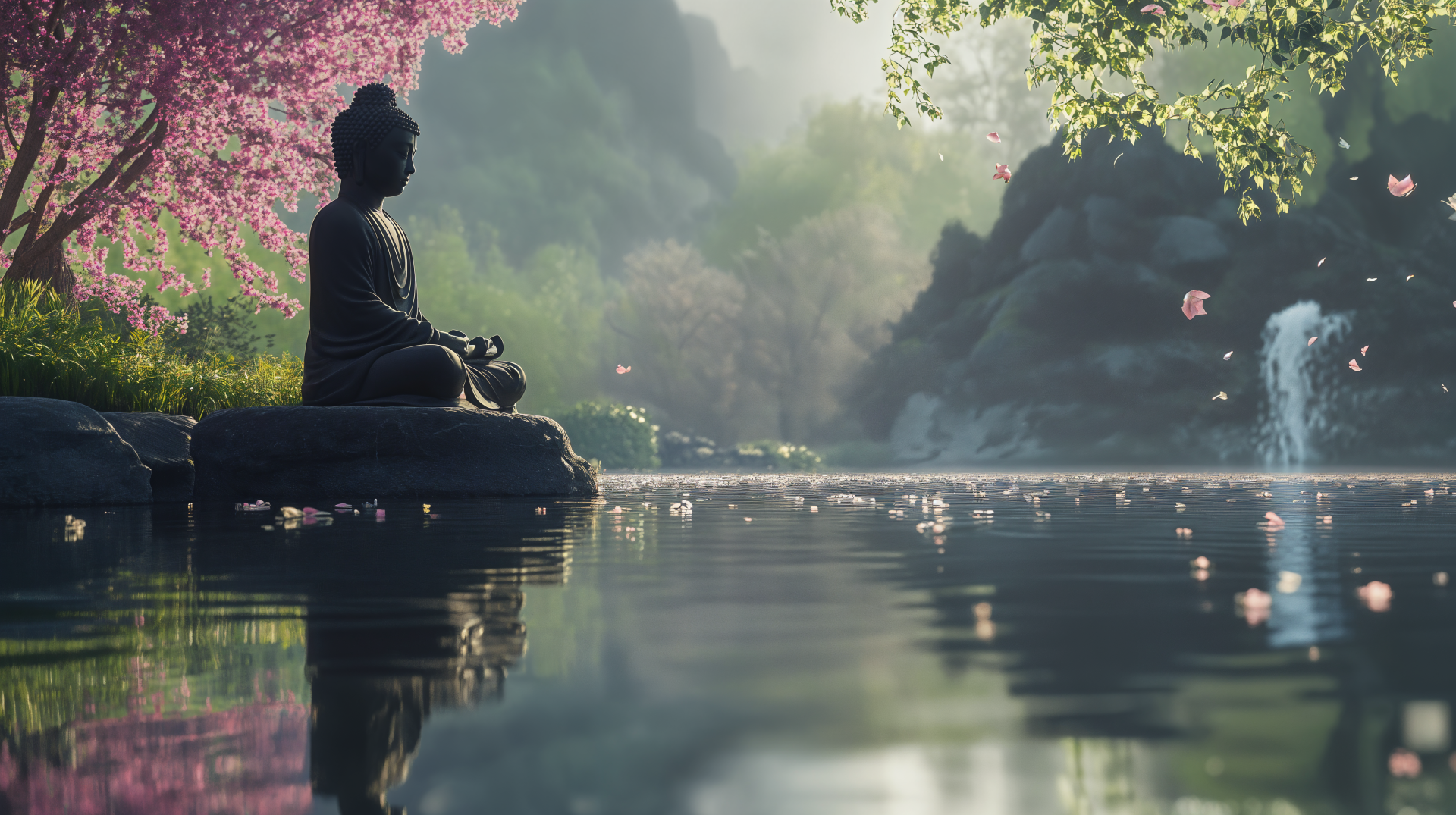 A serene scene featuring a meditating figure beside a tranquil pond, surrounded by vibrant cherry blossoms and lush greenery, captured in stunning 4K Ultra HD.