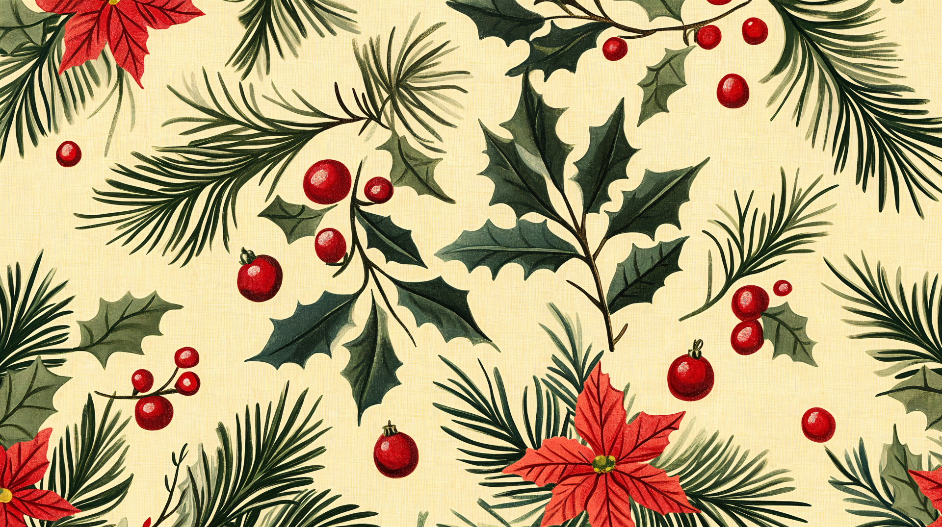 Holiday-inspired pattern featuring red poinsettias, holly leaves, and berries on a soft yellow background, designed as a 4K Ultra HD desktop wallpaper.