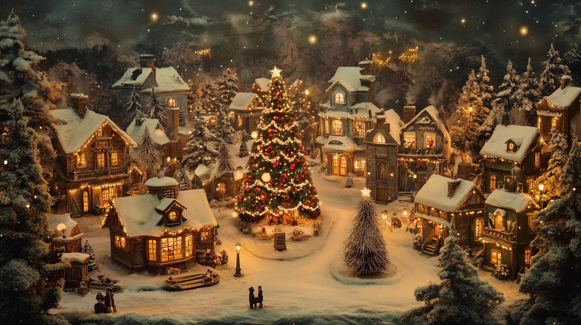 A beautifully detailed 4K Ultra HD Christmas village scene with snow-covered houses, holiday lights, and a glowing decorated tree in a wintery holiday setting.
