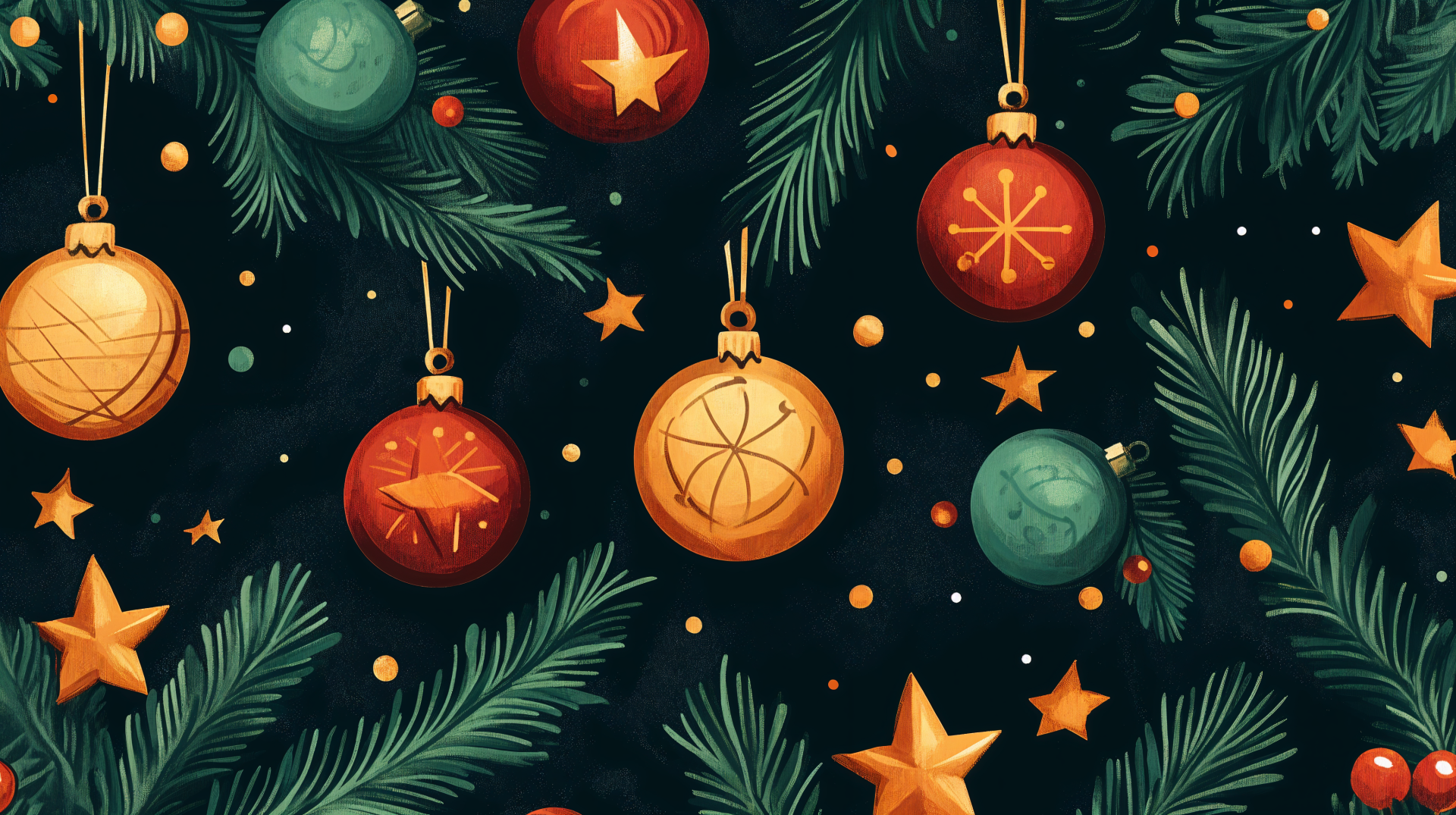 A festive holiday pattern featuring colorful ornaments and stars against a dark background, designed as a 4K Ultra HD PC desktop wallpaper and background.