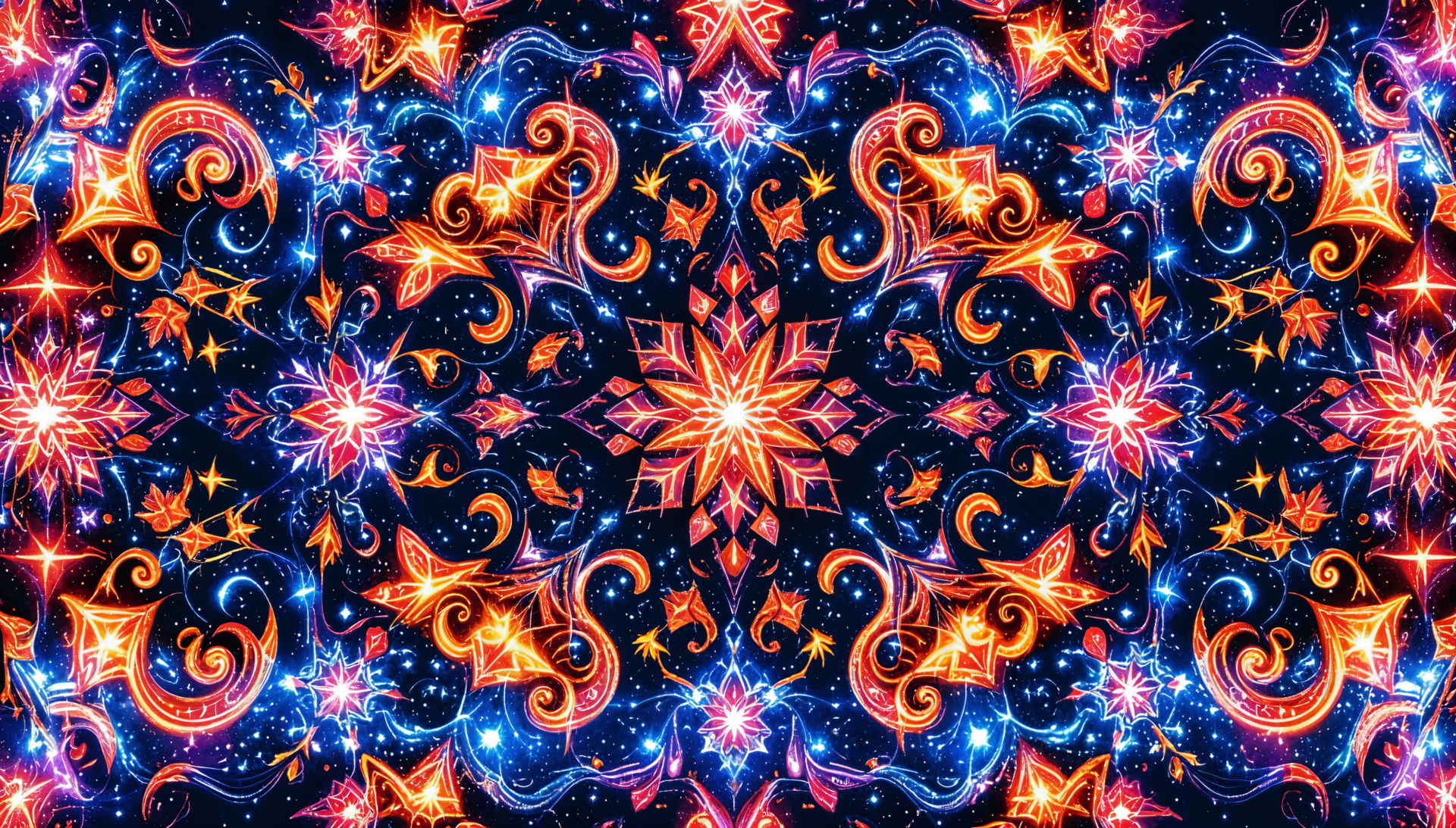 A vibrant festive pattern featuring intricate swirls, stars, and colorful geometric shapes against a deep blue background, designed as a 4K Ultra HD PC desktop wallpaper.