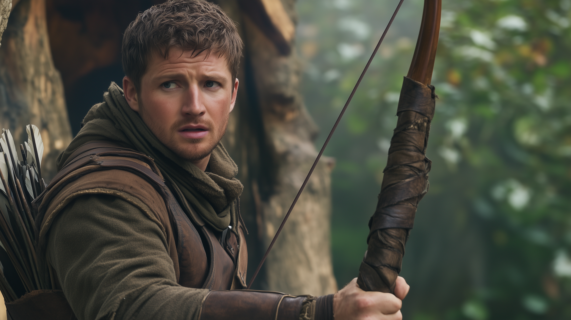 A dramatic HD wallpaper featuring Robin Hood, capturing the legendary figure with a bow in a lush, forested setting, conveying adventure and heroism.