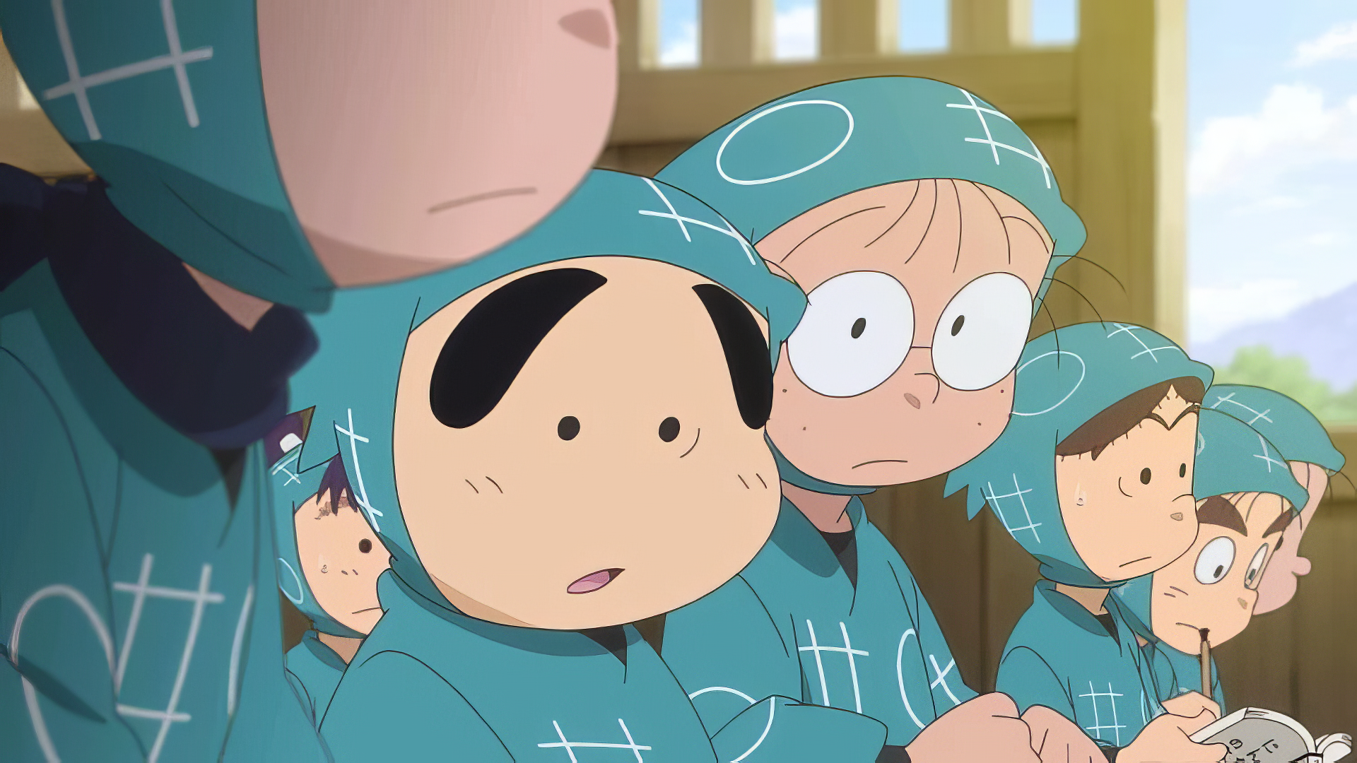 HD PC desktop wallpaper from the anime film Gekijouban Nintama Rantarou: Dokutake Ninja Tai Saikyou no Gunshi, featuring young ninja characters in blue outfits.