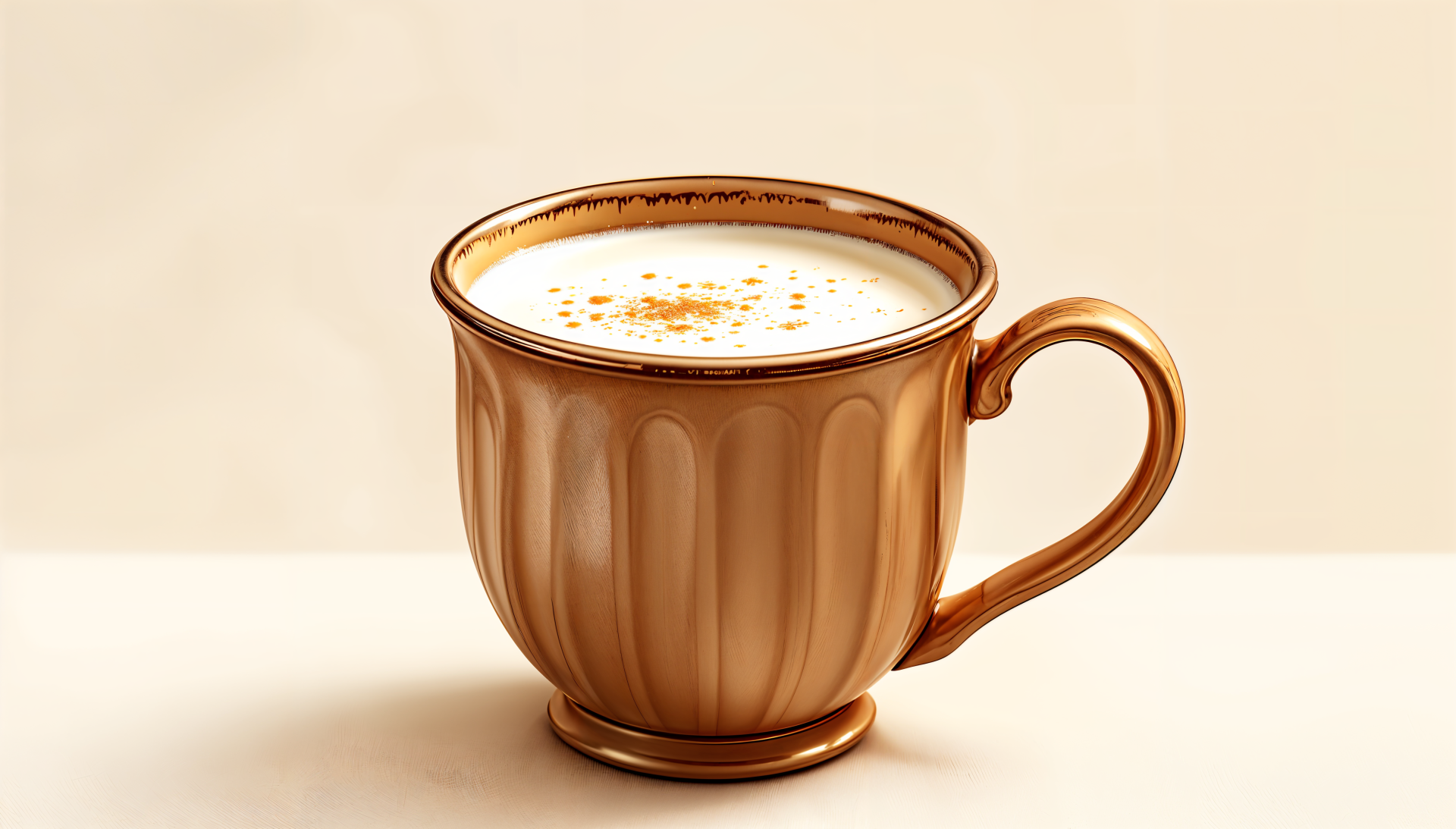 A creamy cup of eggnog in an elegant golden mug, set against a soft, neutral background, showcased in vibrant 4K Ultra HD quality for a stunning desktop wallpaper.