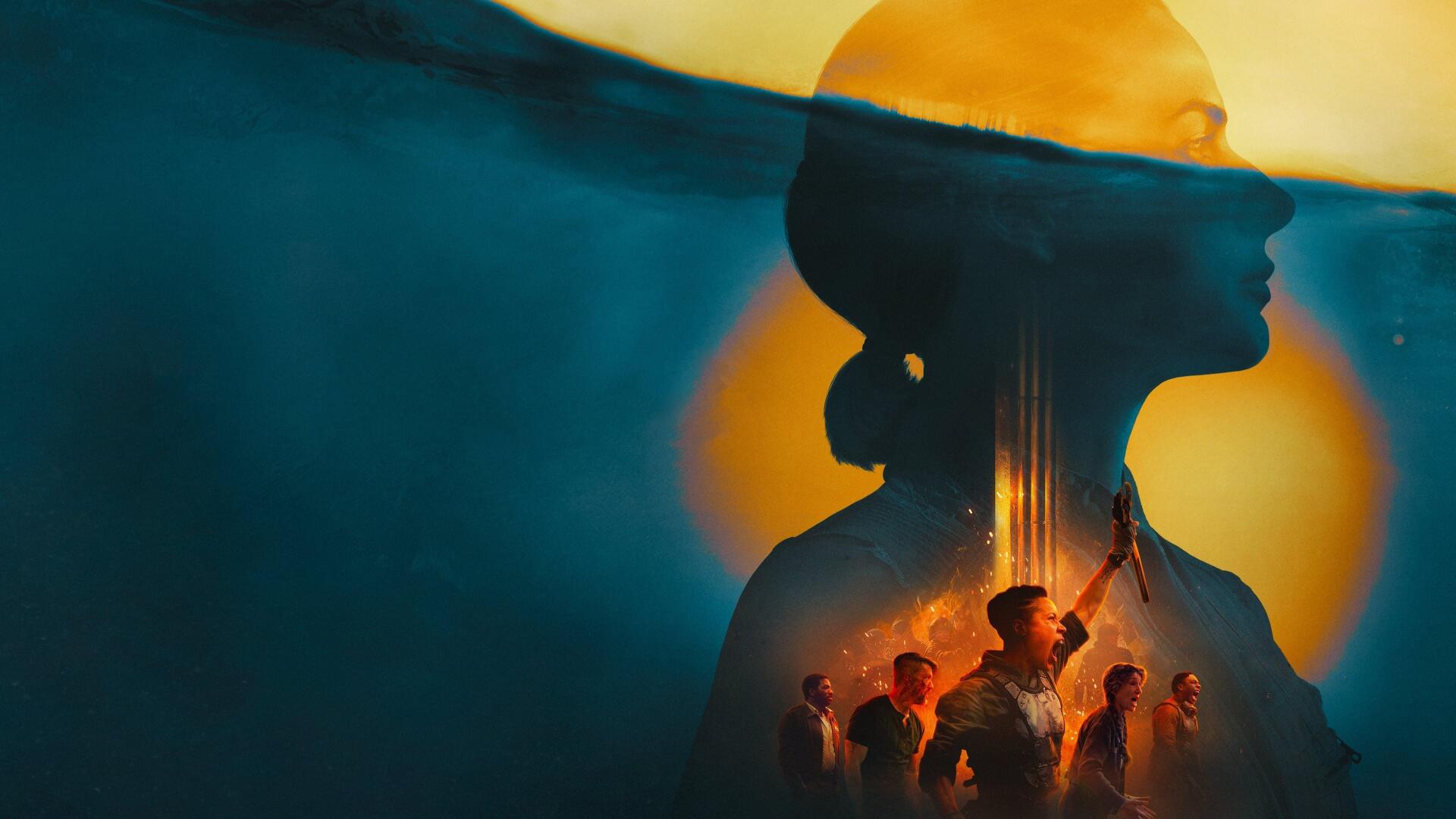 Surreal 4K Ultra HD desktop wallpaper featuring a silo silhouette merging with a crowd of people against a glowing sunset backdrop.