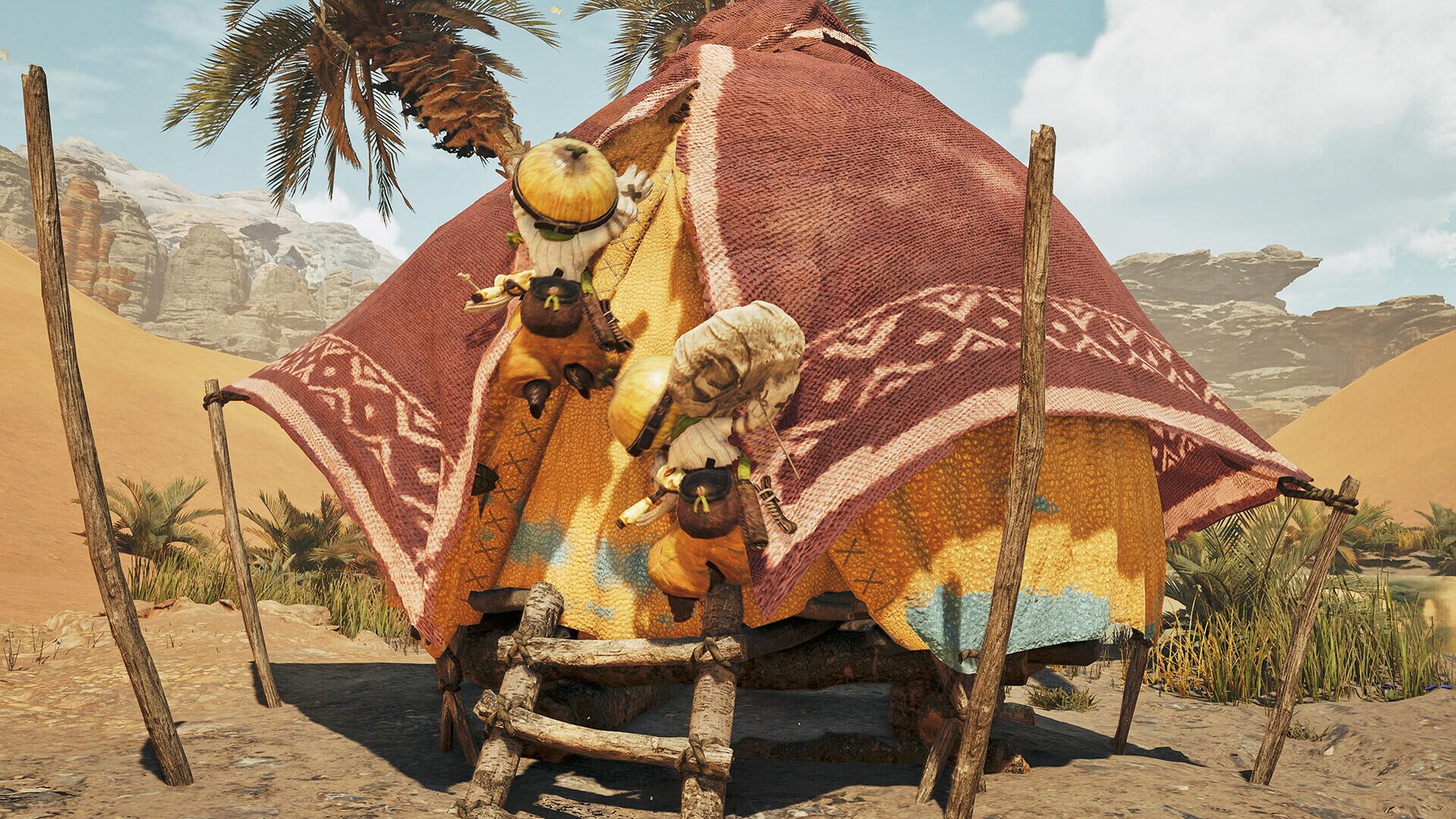 A vibrant HD desktop wallpaper from Monster Hunter Wilds, showcasing a whimsical tent with intricate patterns, set against a desert landscape and palm trees.