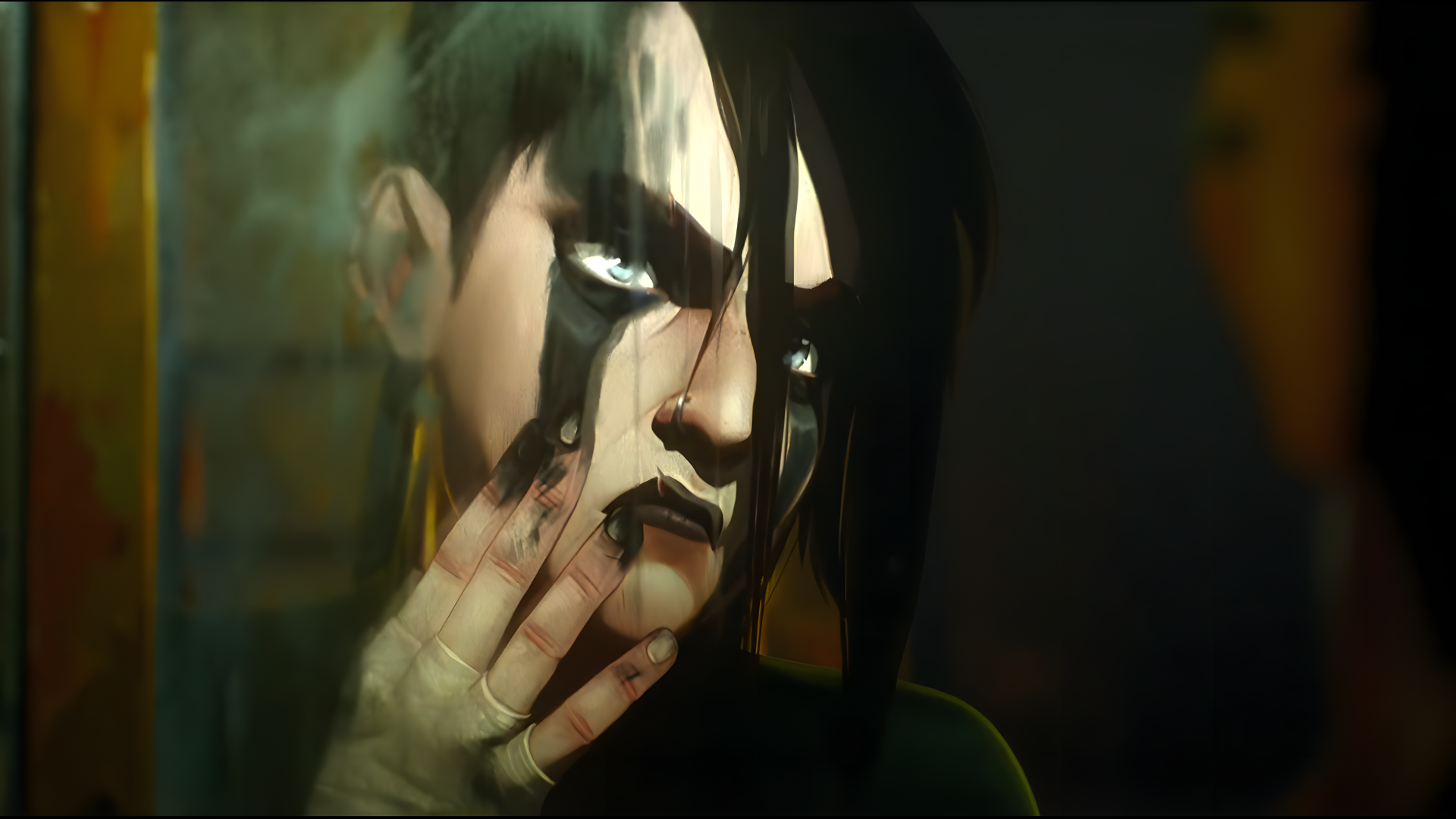 A dramatic HD wallpaper featuring Jinx from Arcane Season 2, showcasing her striking appearance and emotional intensity in the animated series based on League of Legends.