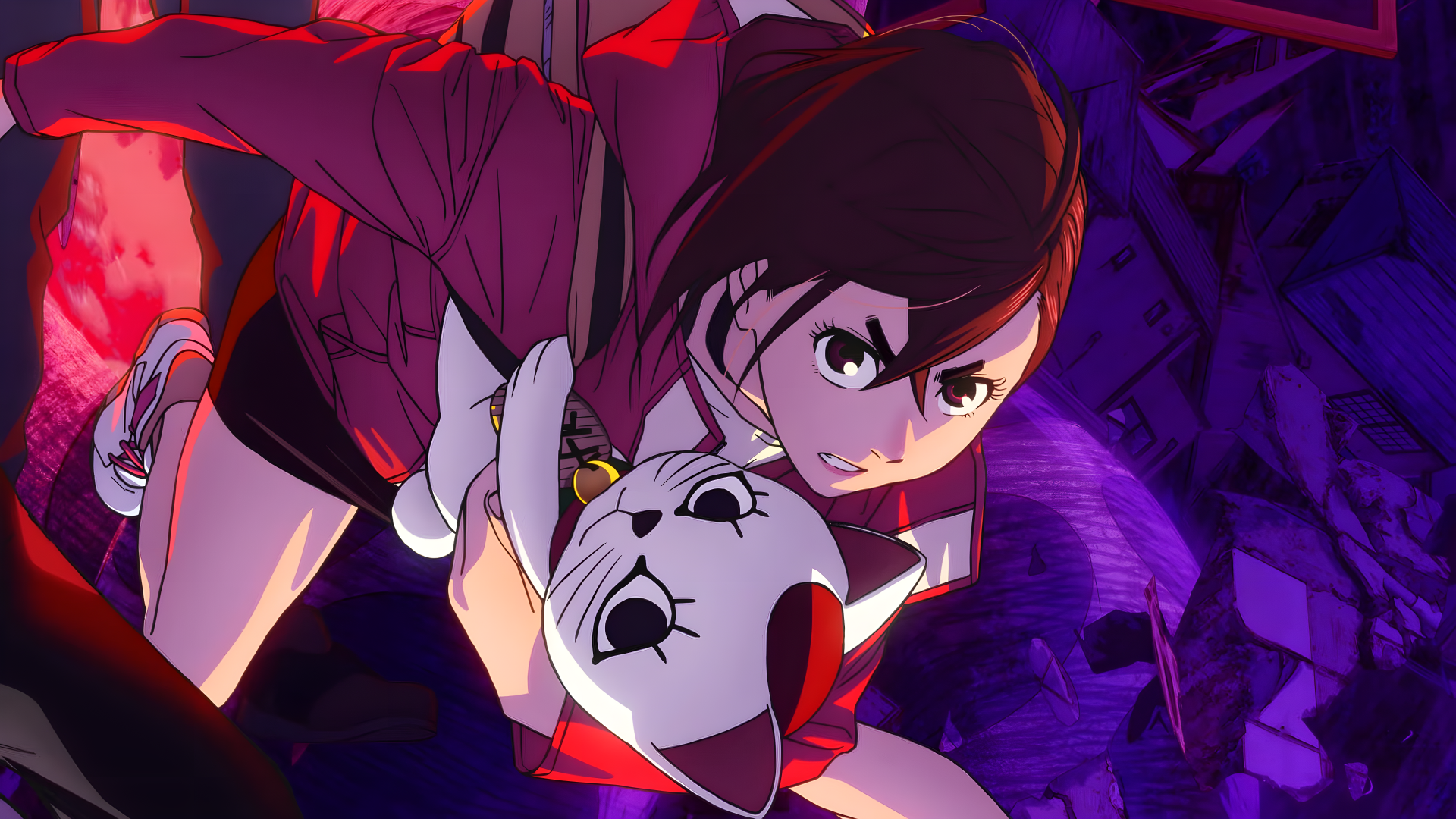 4K Ultra HD PC desktop wallpaper of Dandadan's Momo Ayase, crouched and clutching a stylized mask amid vibrant red and purple lighting, with a Turbo Granny energy.