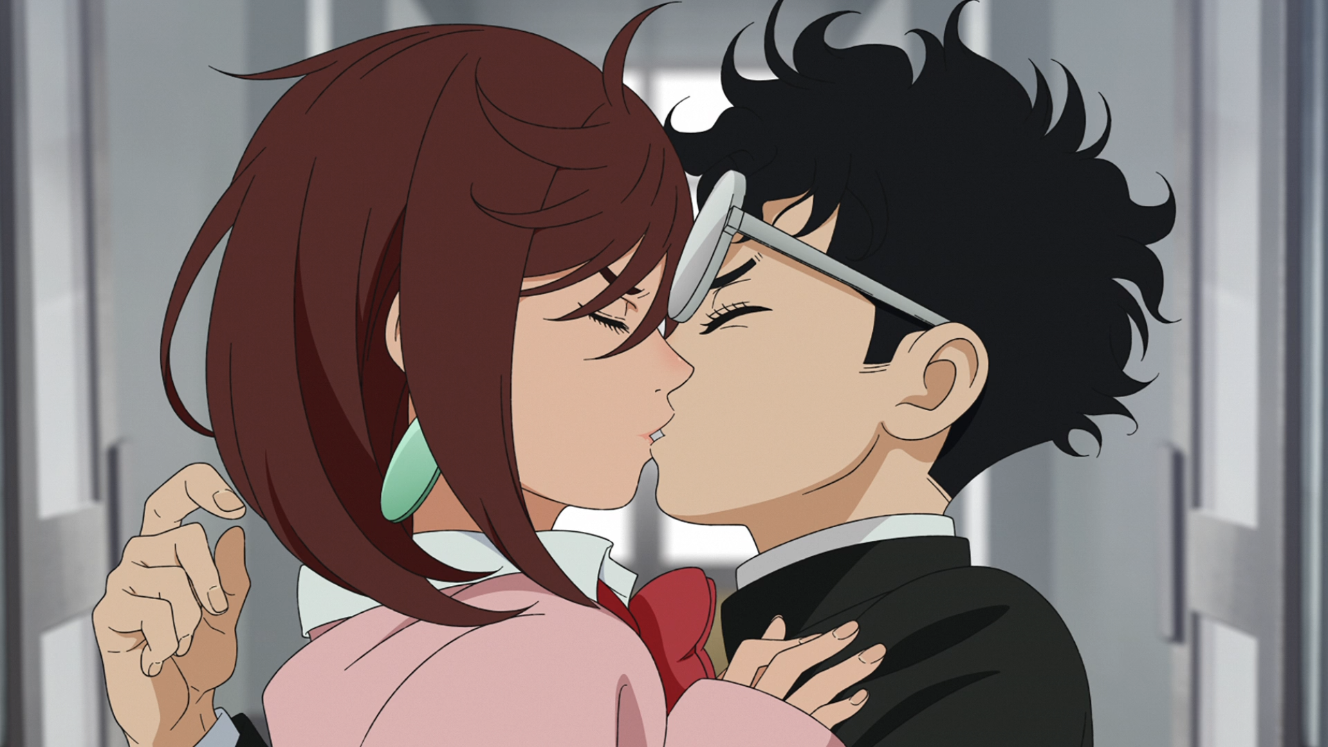 Anime HD wallpaper from Dandadan featuring Ken Takakura and Momo Ayase sharing a kiss, capturing an intimate moment between the characters.