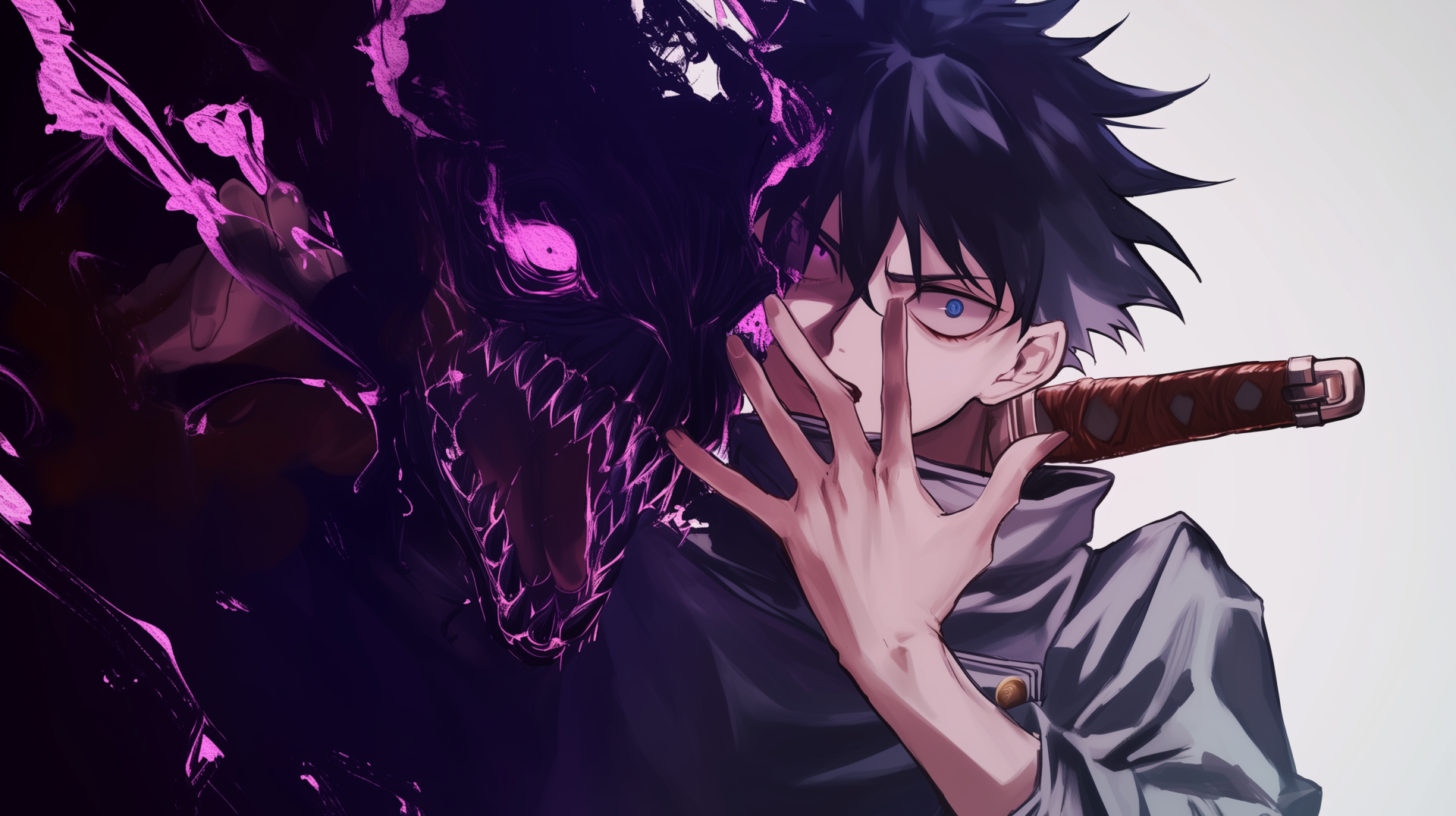 An HD desktop wallpaper featuring Yuta Okkotsu from Jujutsu Kaisen, showcasing him alongside a dark, monstrous figure with glowing pink eyes.