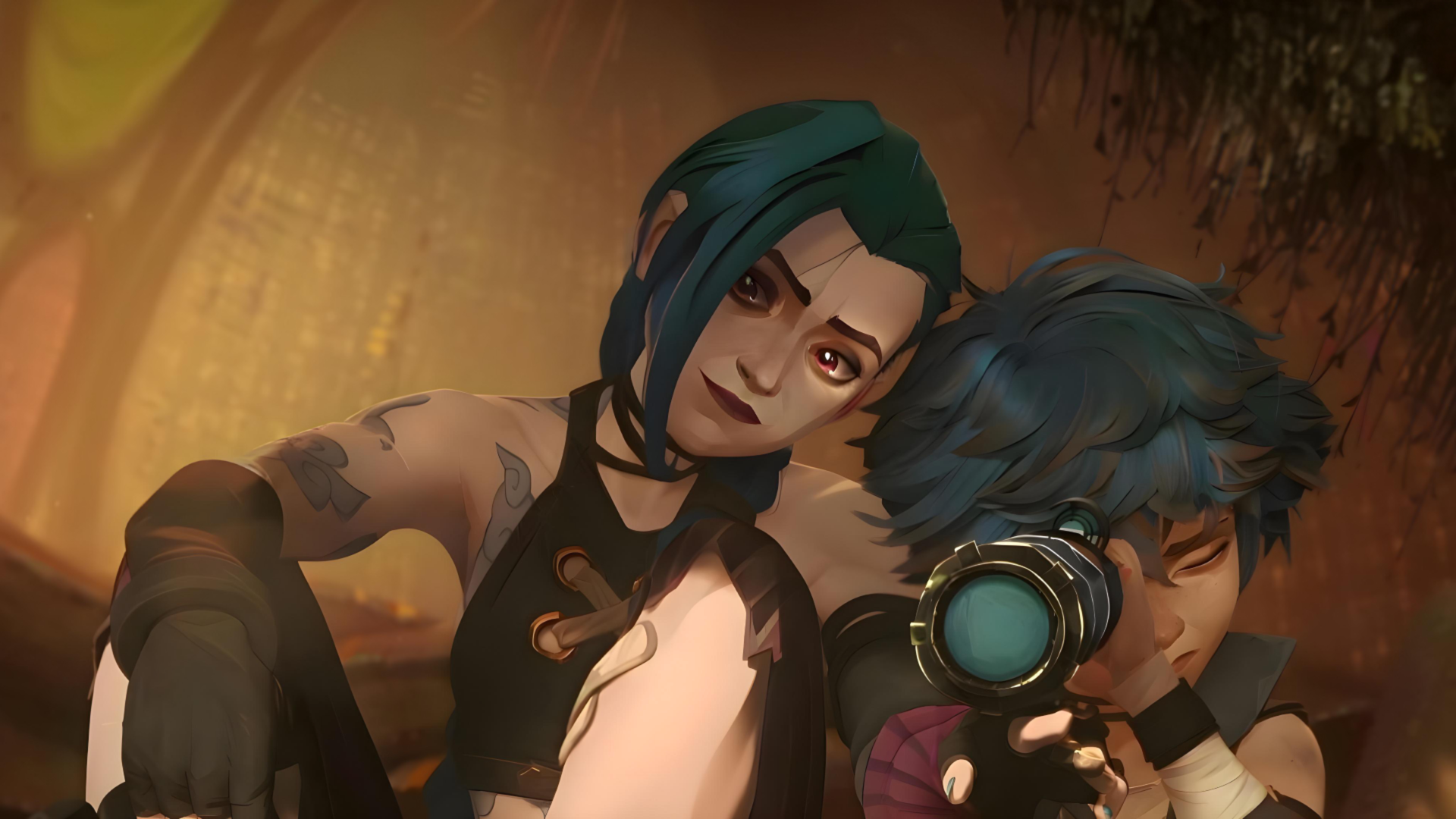 Arcane-inspired 4K Ultra HD desktop wallpaper featuring Jinx and Isha from League of Legends in detailed anime style.