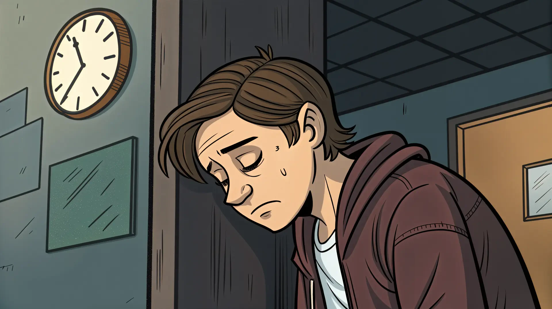 A tired young man leans against a wall, sweat on his brow, in a dimly lit room with a clock in the background. This image serves as a 4K Ultra HD PC desktop wallpaper.