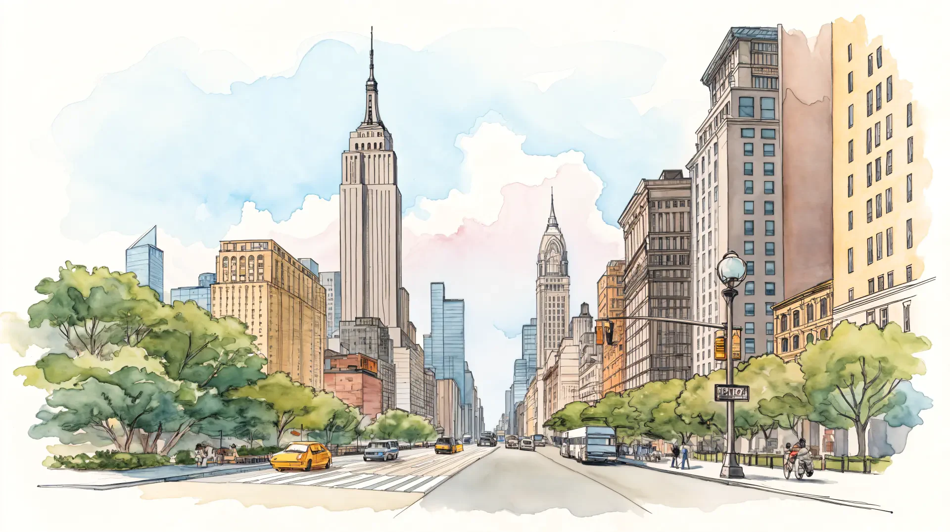 A vibrant illustration of Manhattan, featuring iconic skyscrapers like the Empire State Building, framed by trees and bustling streets, presented as a stunning 4K Ultra HD desktop wallpaper.