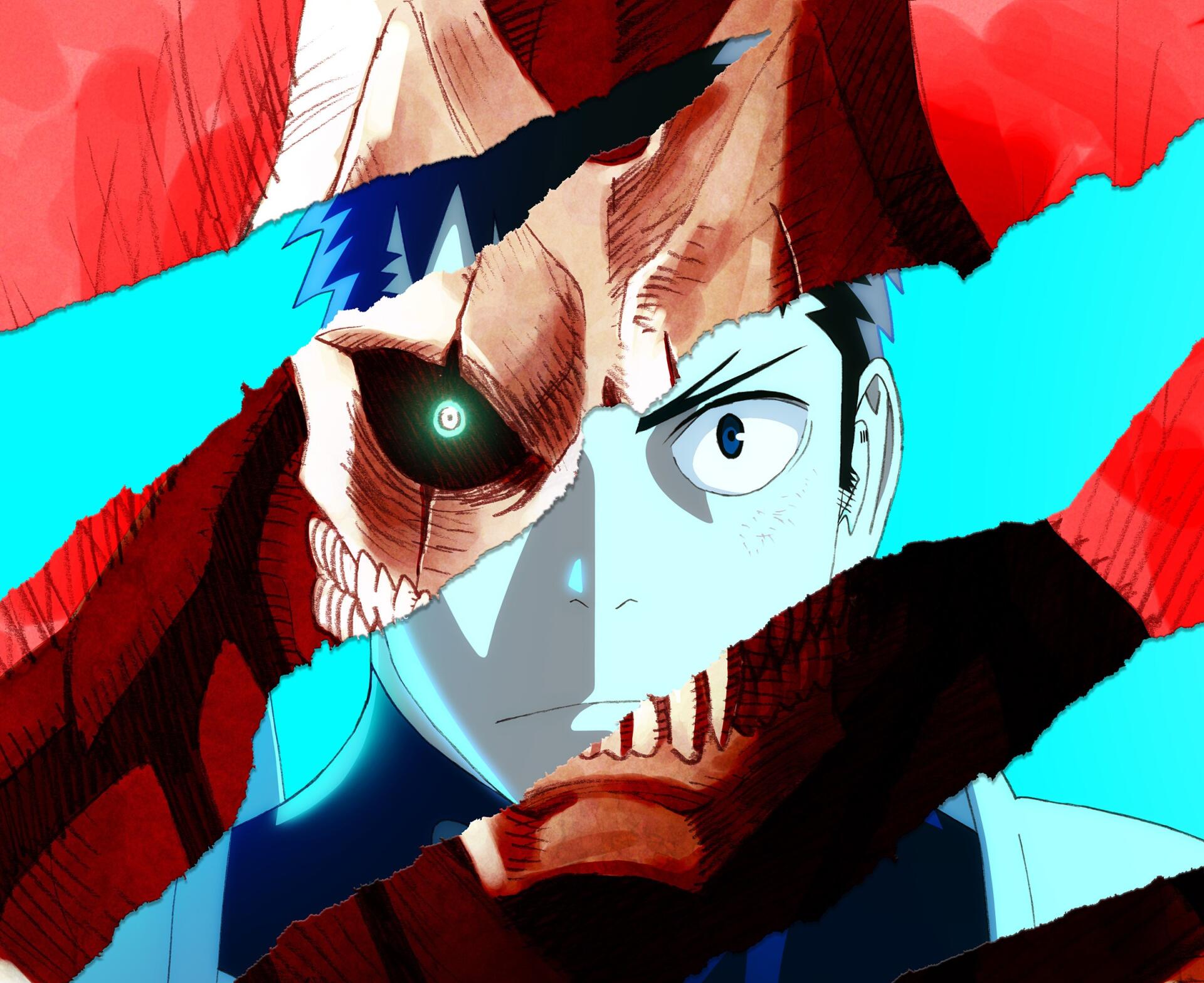 HD PC desktop wallpaper featuring Kafka Hibino from the anime Kaiju No. 8, showcasing a dynamic split-face design blending human and kaiju elements.