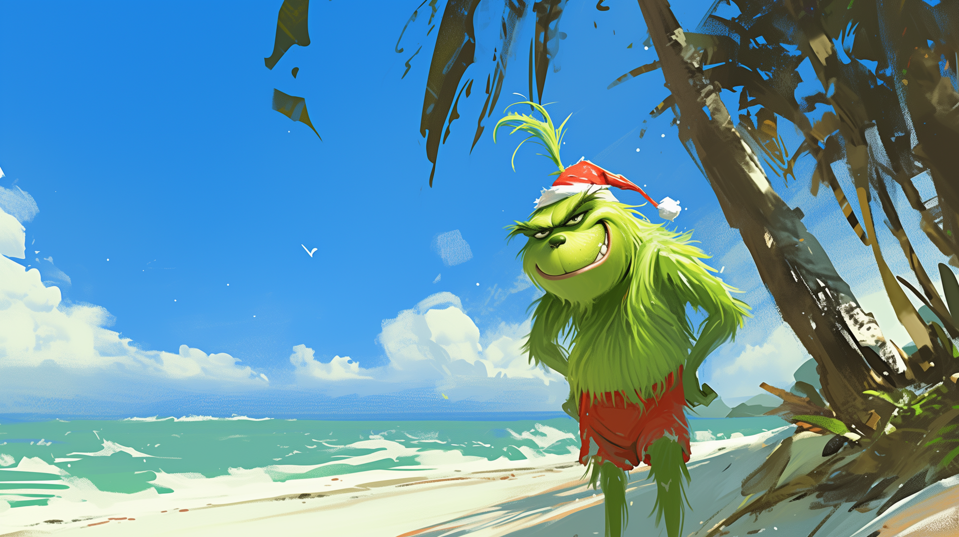 A vibrant anime-style image featuring the Grinch in a Santa hat and red shorts, standing on a sunny beach with palm trees and ocean waves in the background.