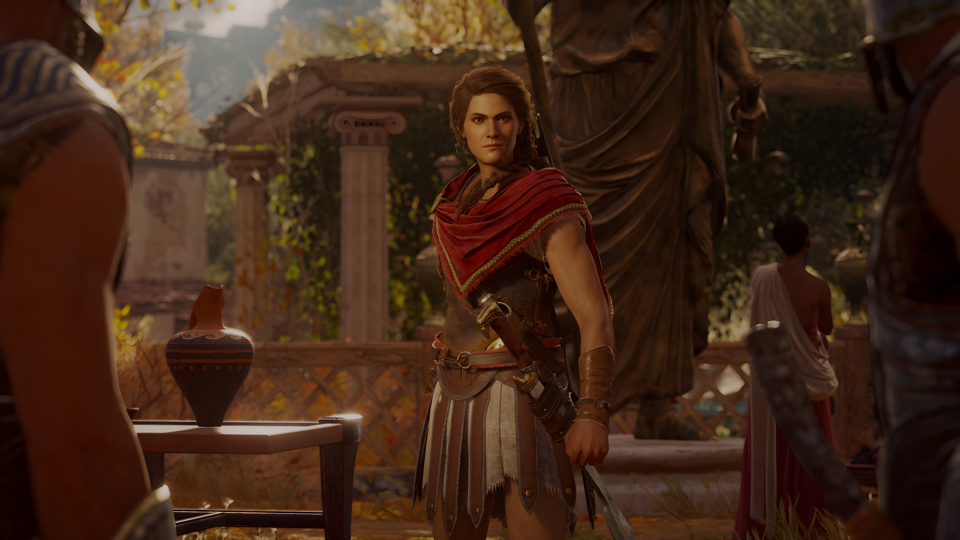 A scene from Assassin's Creed Odyssey featuring a character in a detailed setting, surrounded by ancient architecture and lush foliage, designed as a 4K Ultra HD desktop wallpaper.
