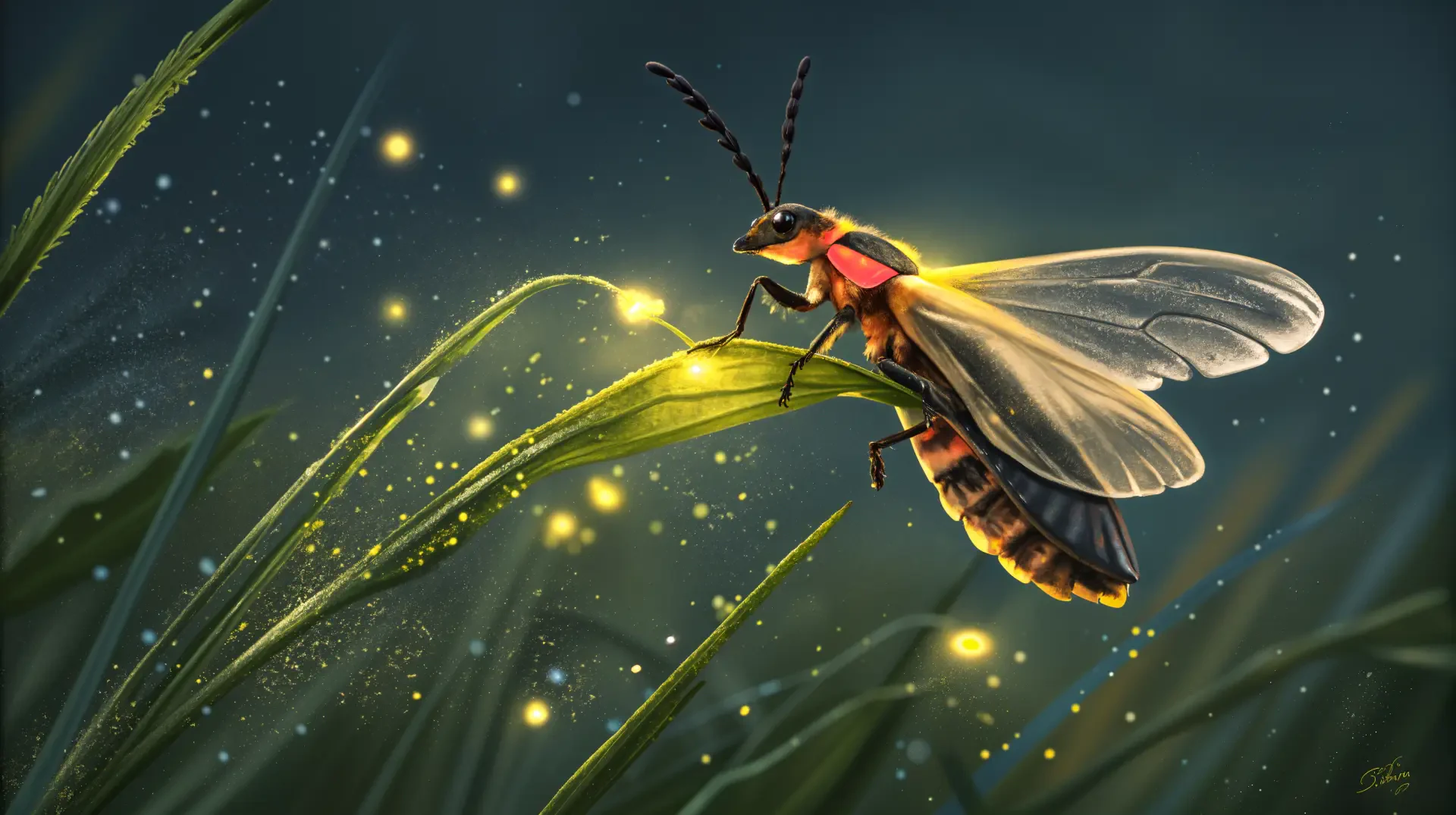 A vibrant firefly perched on a blade of grass, surrounded by glowing specks of light, captured in stunning detail for a 4K Ultra HD desktop wallpaper and background.