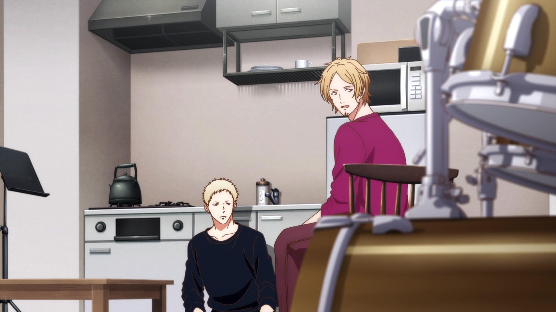Anime scene from the Given movie featuring characters Hiiragi and Mix in a cozy kitchen setting. This high-definition image serves as a desktop wallpaper and background.