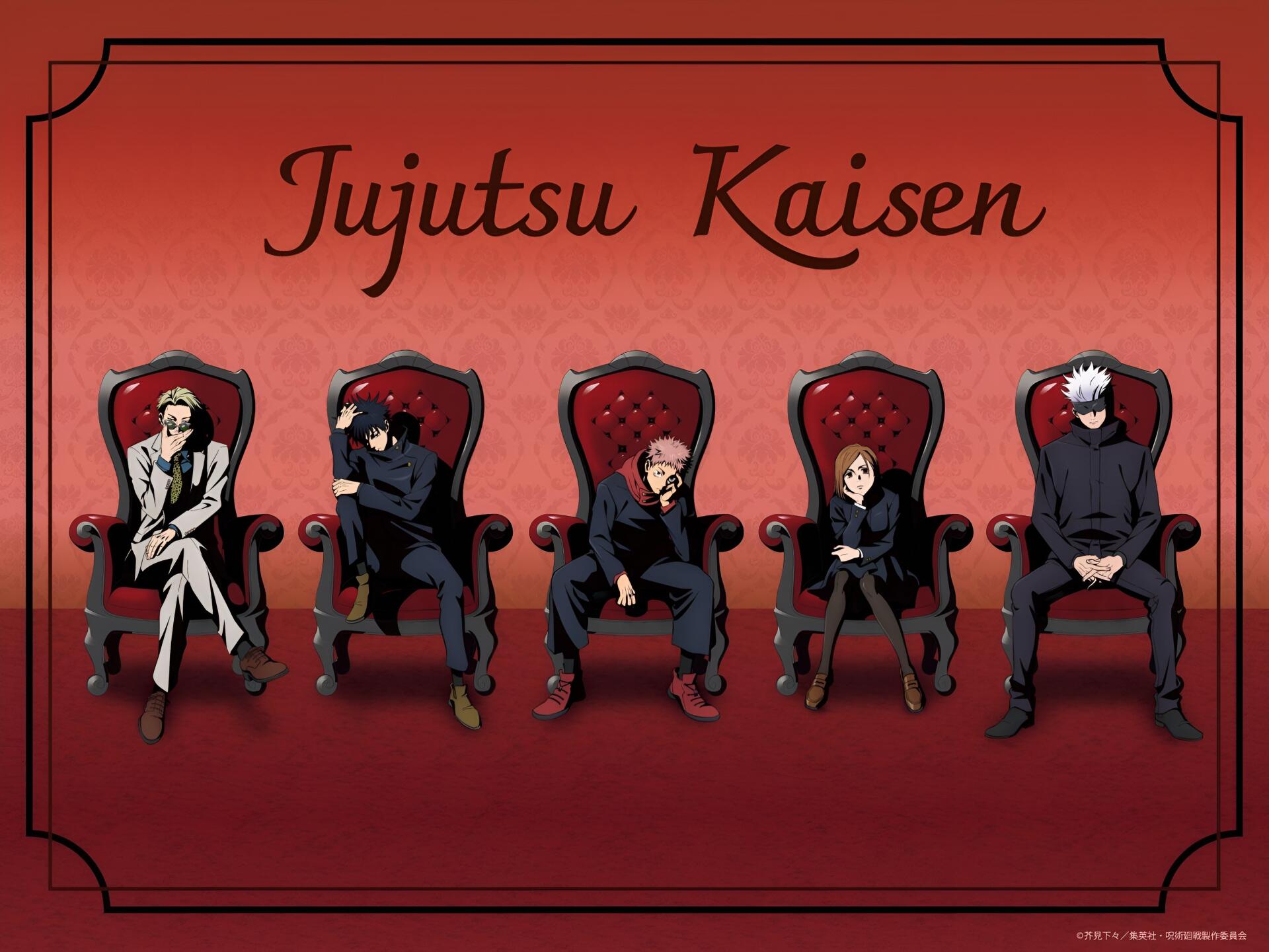 Anime-themed HD PC desktop wallpaper featuring five Jujutsu Kaisen characters seated on elegant chairs against a red background with the series title above them.