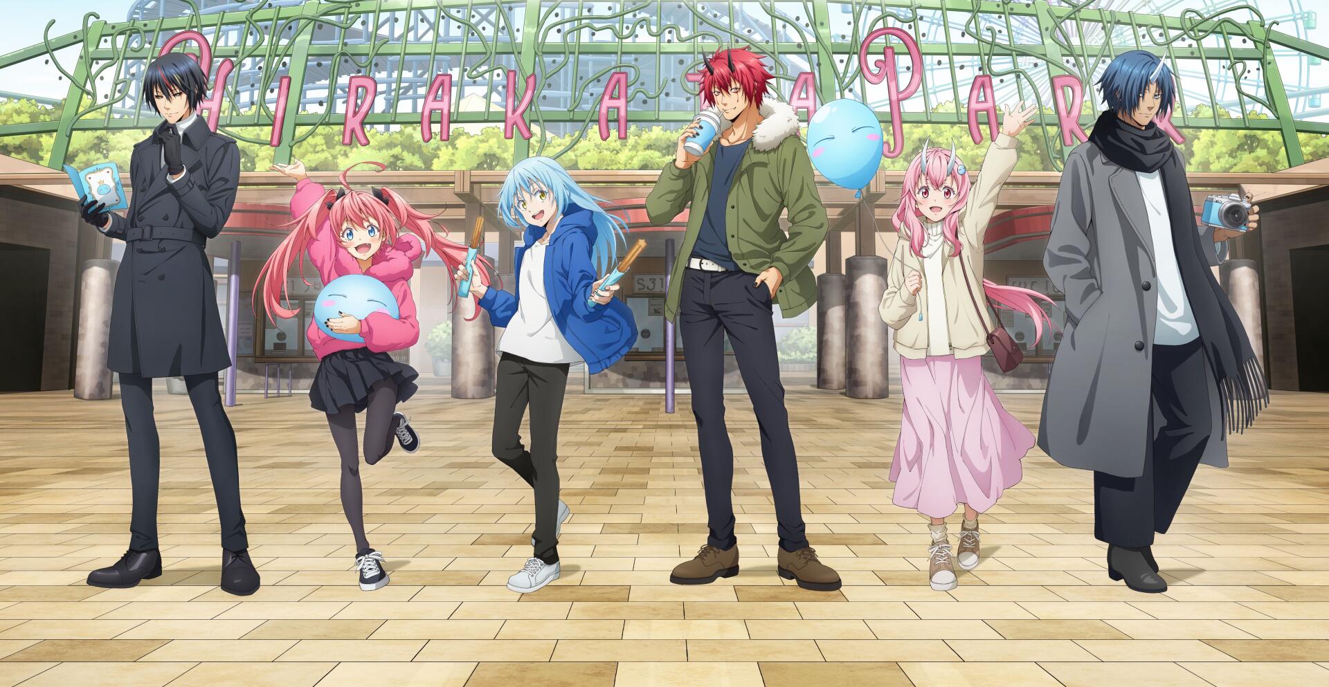 4K Ultra HD anime wallpaper featuring characters from That Time I Got Reincarnated as a Slime standing in a vibrant outdoor setting with playful and dynamic poses.