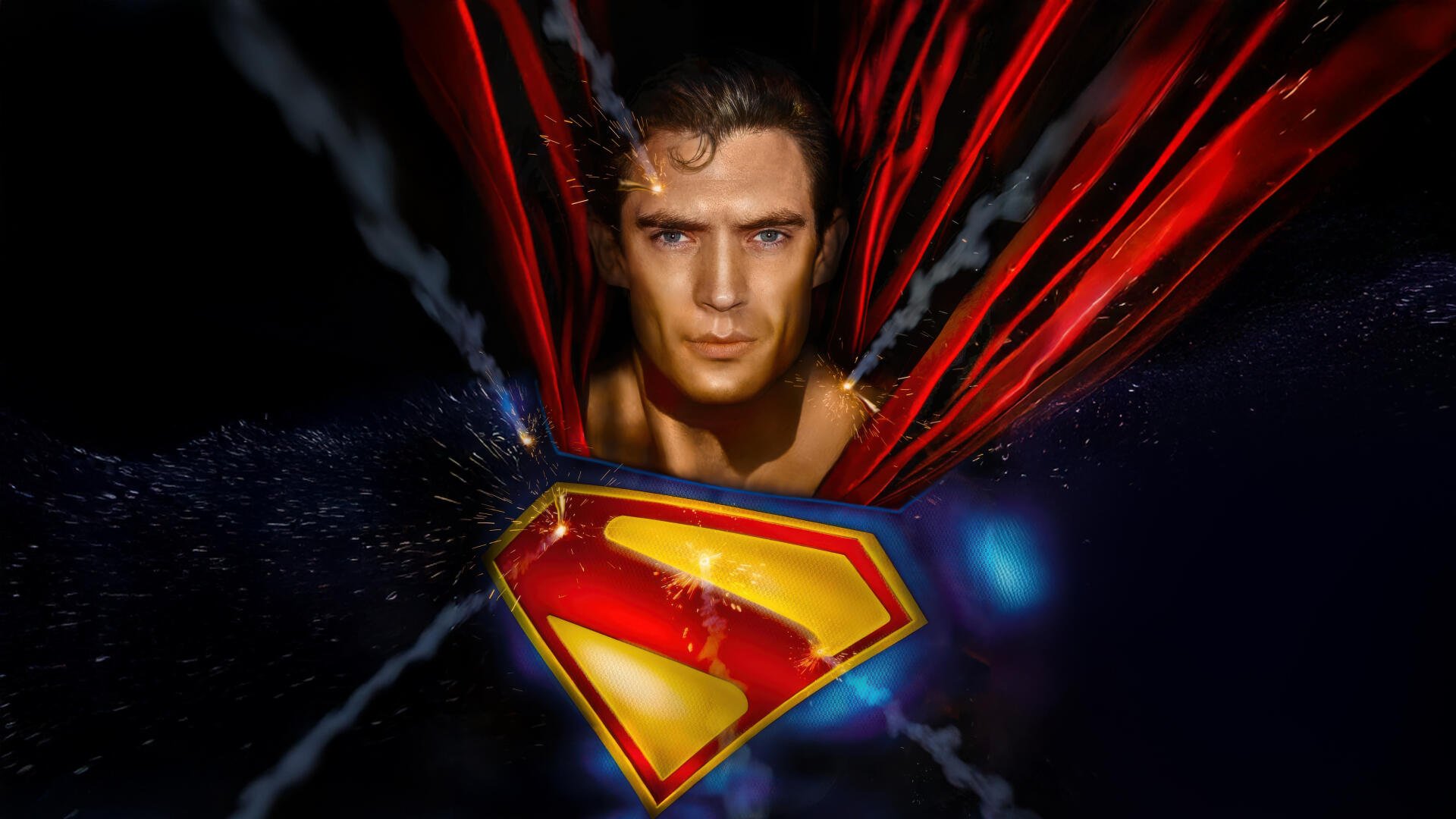 A dramatic 4K Ultra HD wallpaper featuring Superman from the 2025 movie, showcasing his iconic cape and emblem against a dynamic backdrop.