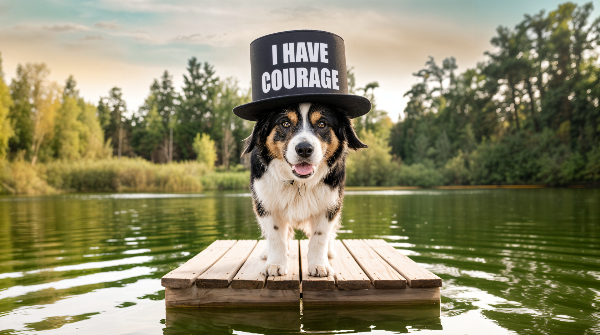 A playful dog wearing a top hat that reads I HAVE COURAGE stands confidently on a wooden dock, surrounded by serene water and lush greenery. A vibrant 4K Ultra HD wallpaper.