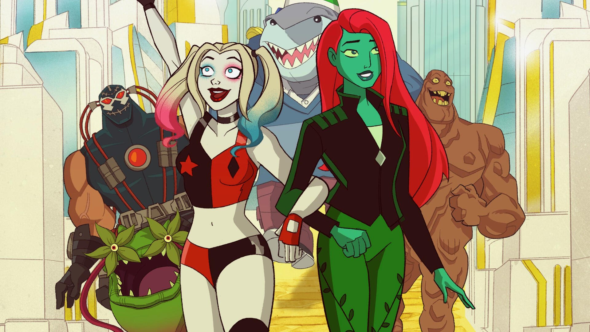 Harley Quinn and Poison Ivy lead a colorful crew of animated villains in a vibrant TV show 2K Quad HD PC desktop wallpaper/background.