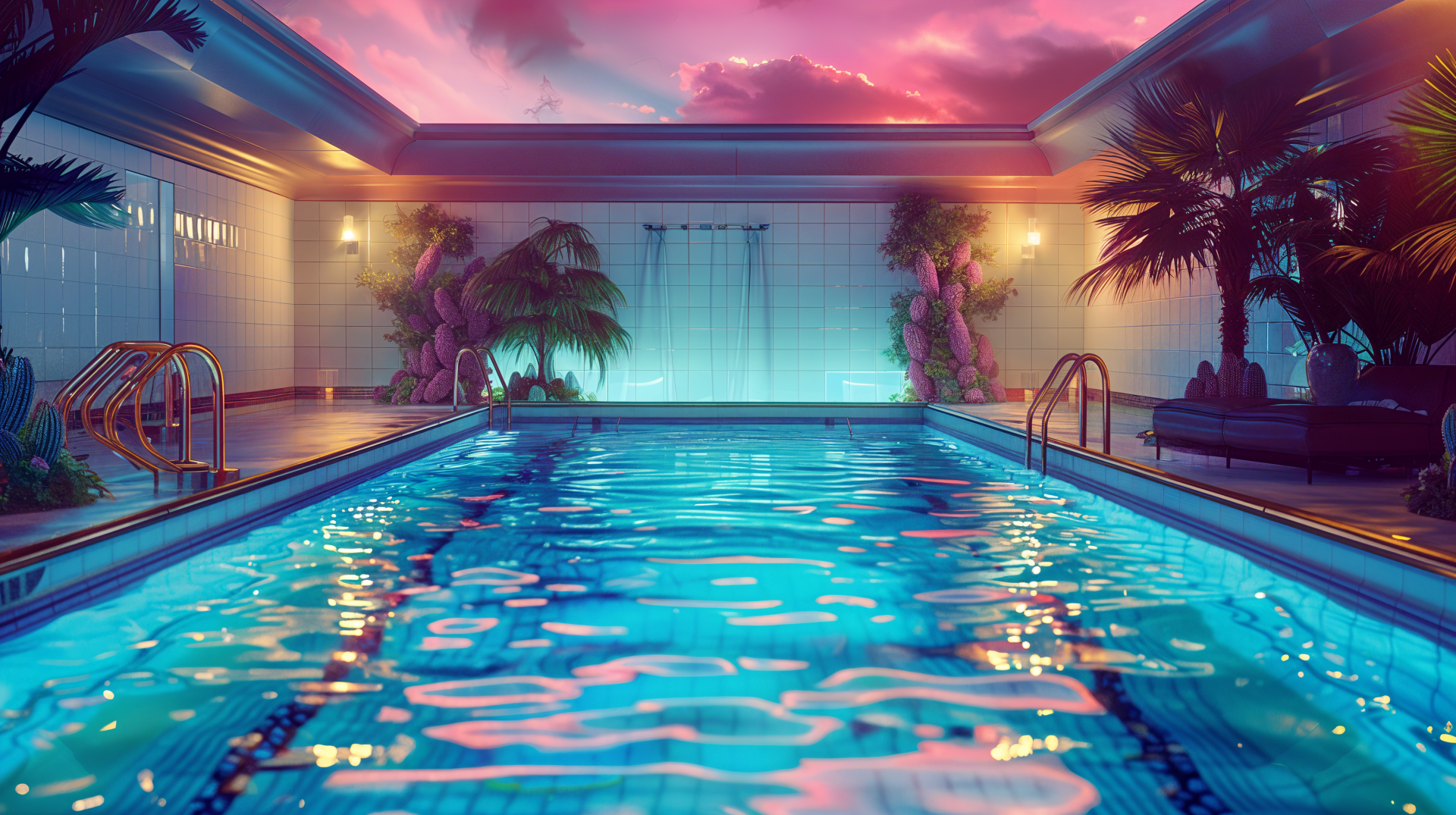 A serene indoor pool bathed in soft lighting, surrounded by tropical plants and reflecting a colorful sky, captured in stunning 4K Ultra HD for a captivating desktop wallpaper.