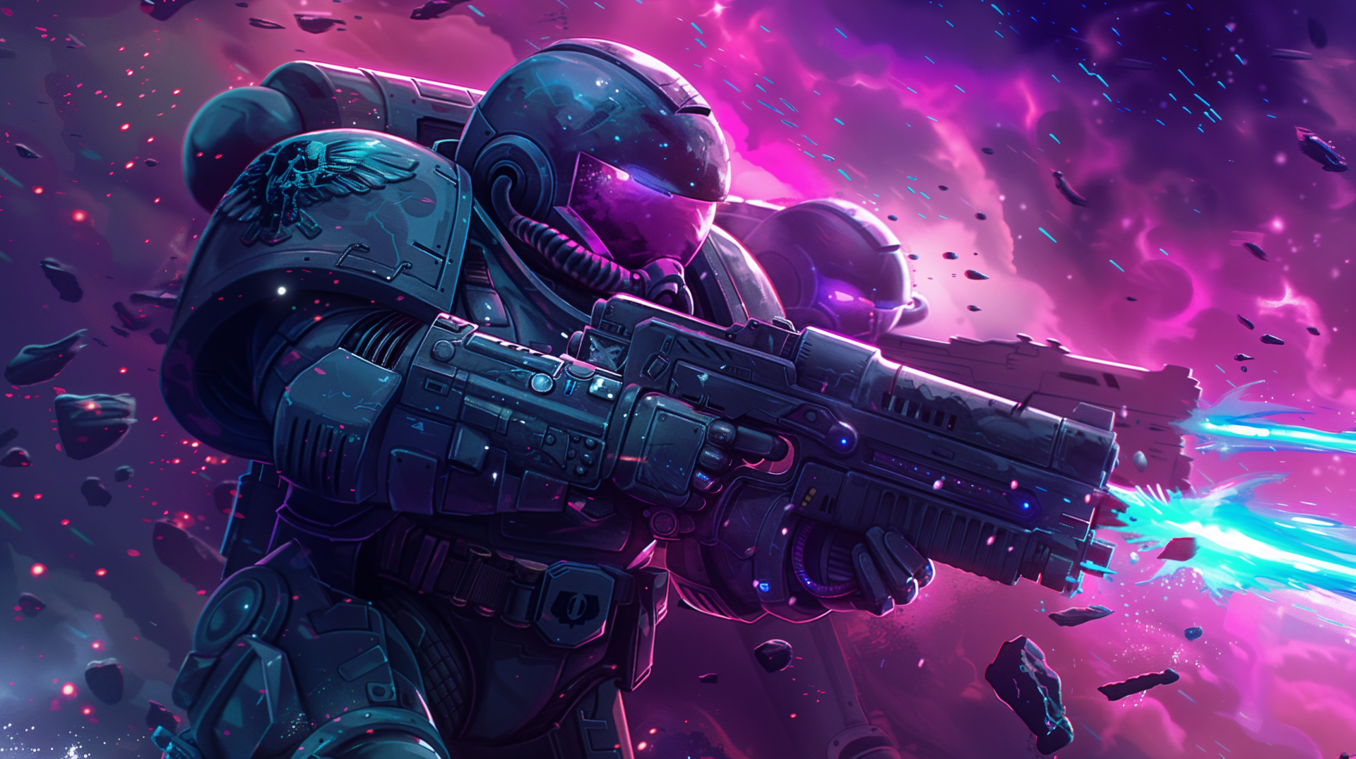 A vivid 4K Ultra HD wallpaper featuring a Space Marine in sci-fi armor, wielding a futuristic weapon against a cosmic background of colorful nebulae and shattered debris.