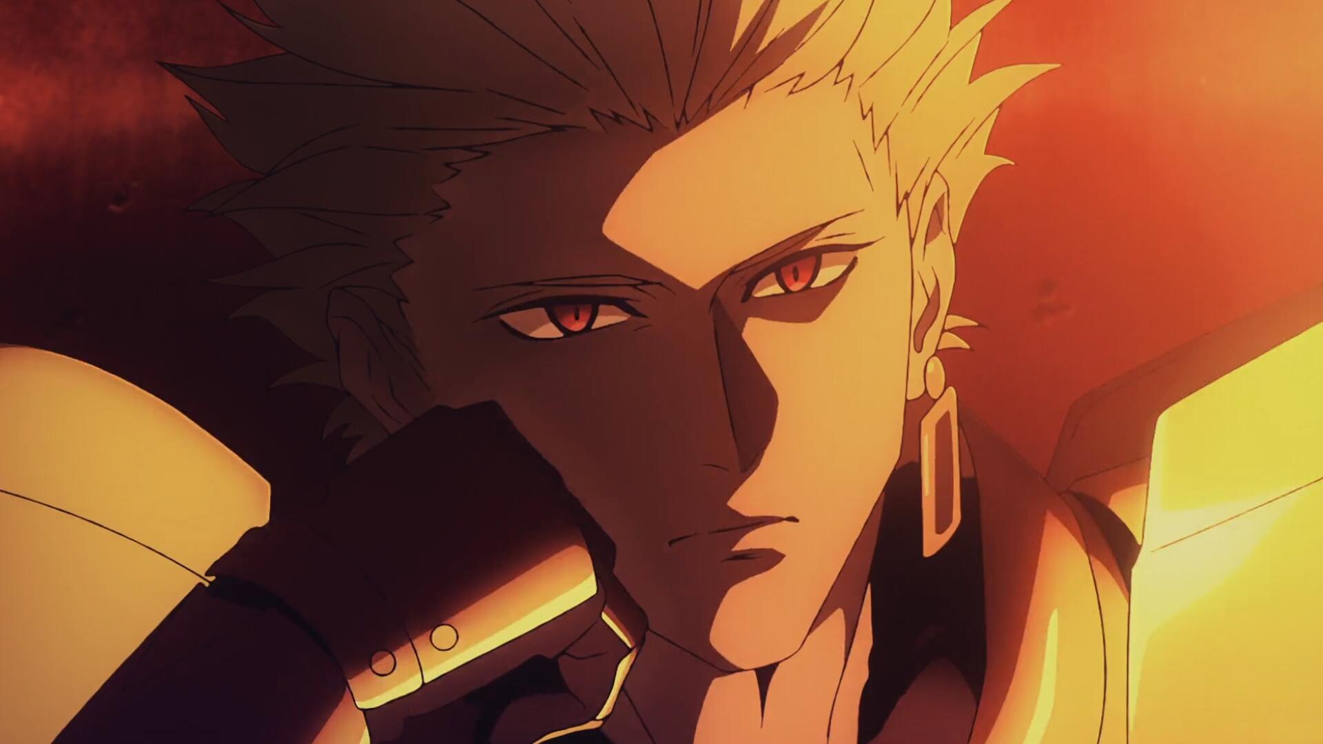 HD wallpaper featuring Gilgamesh from Fate/Strange Fake, illustrating his striking features and intense expression in a vibrant, warm color palette.