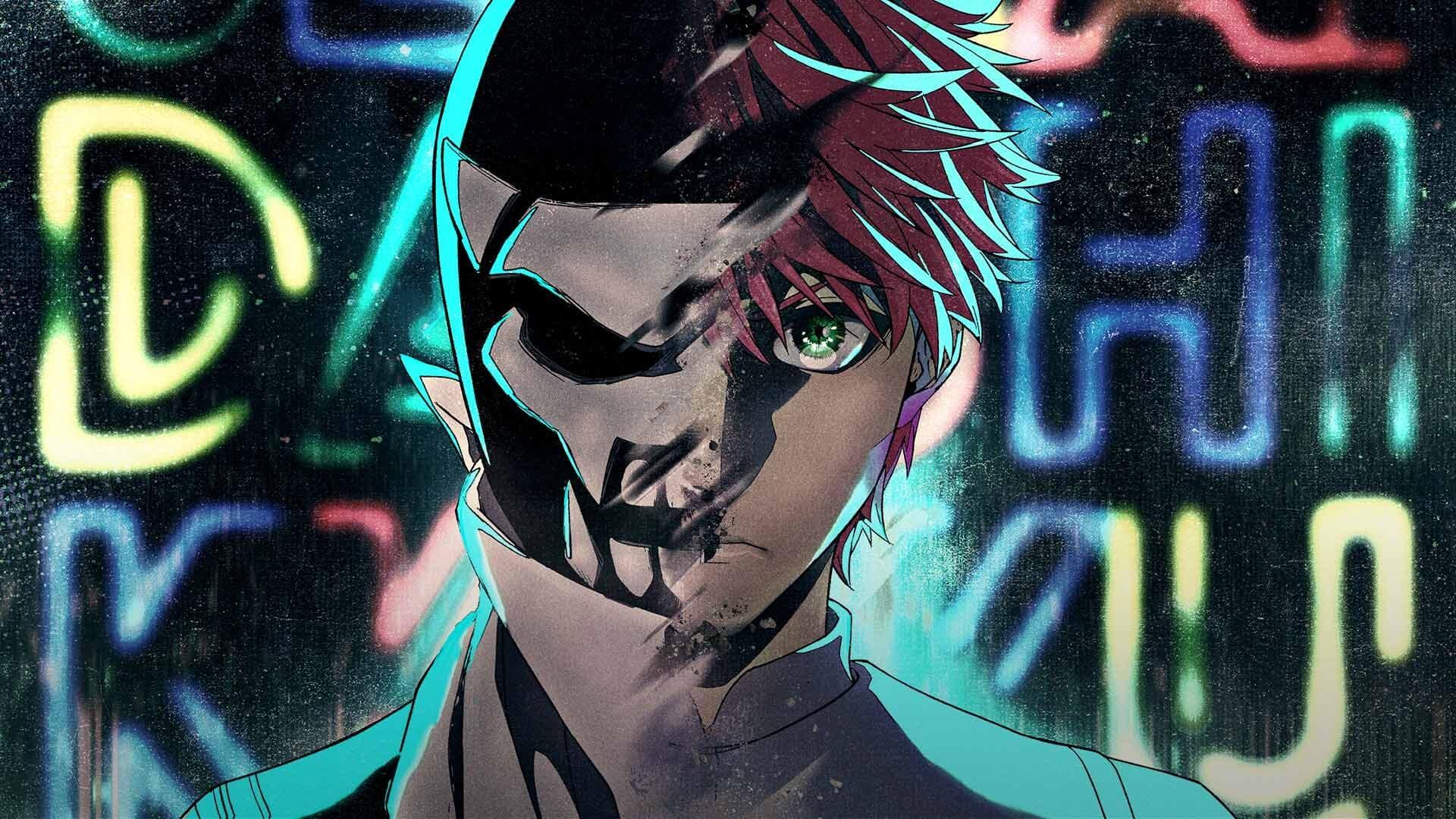 HD PC desktop wallpaper and background: split-faced anime character—one side human, one side skull—against neon graffiti; caption Go! Go! Loser Ranger!