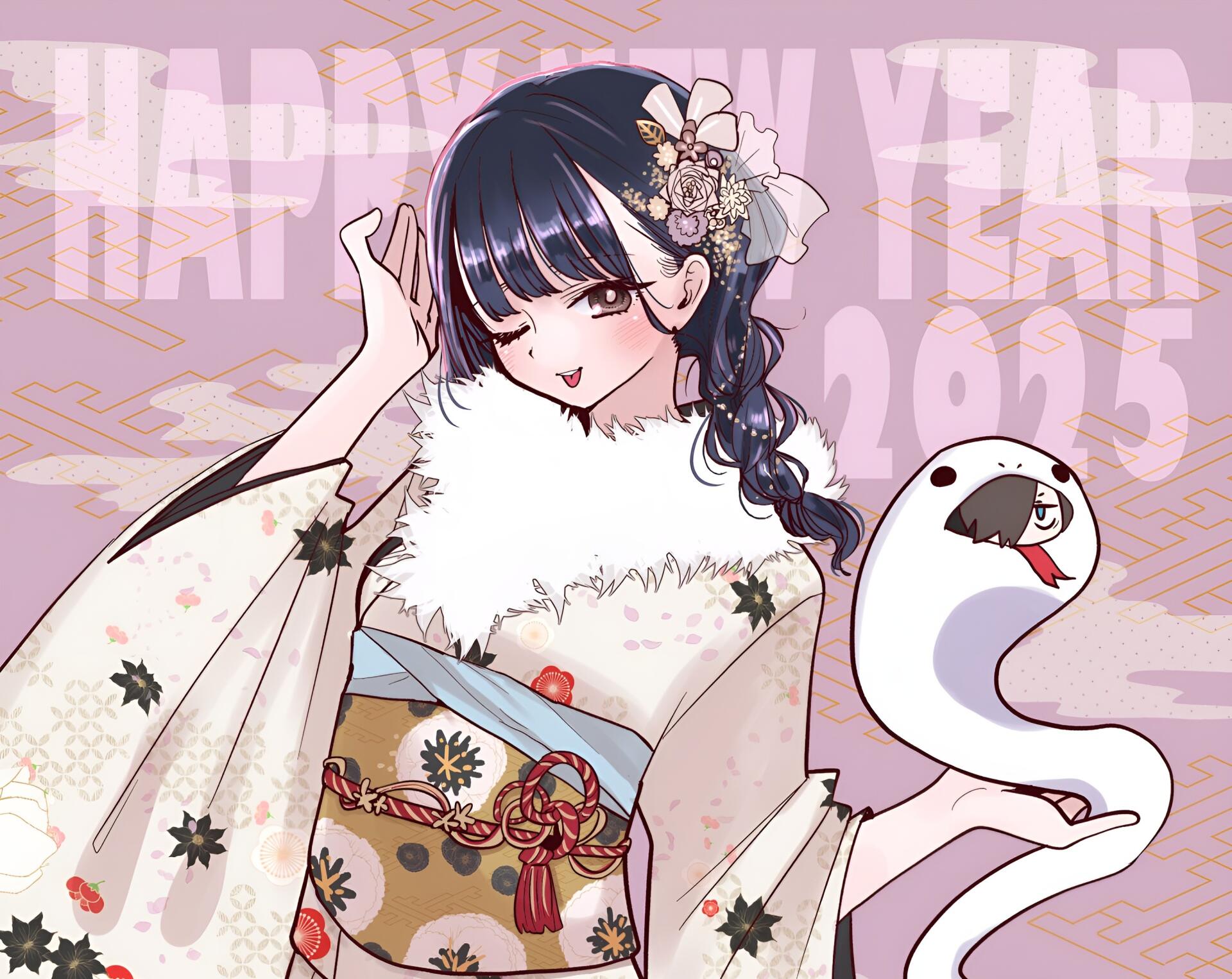 Anime HD PC desktop wallpaper of Anna Yamada from The Dangers in My Heart, in a floral kimono with fur collar, smiling beside a playful white snake against a pink New Year 2025 background.