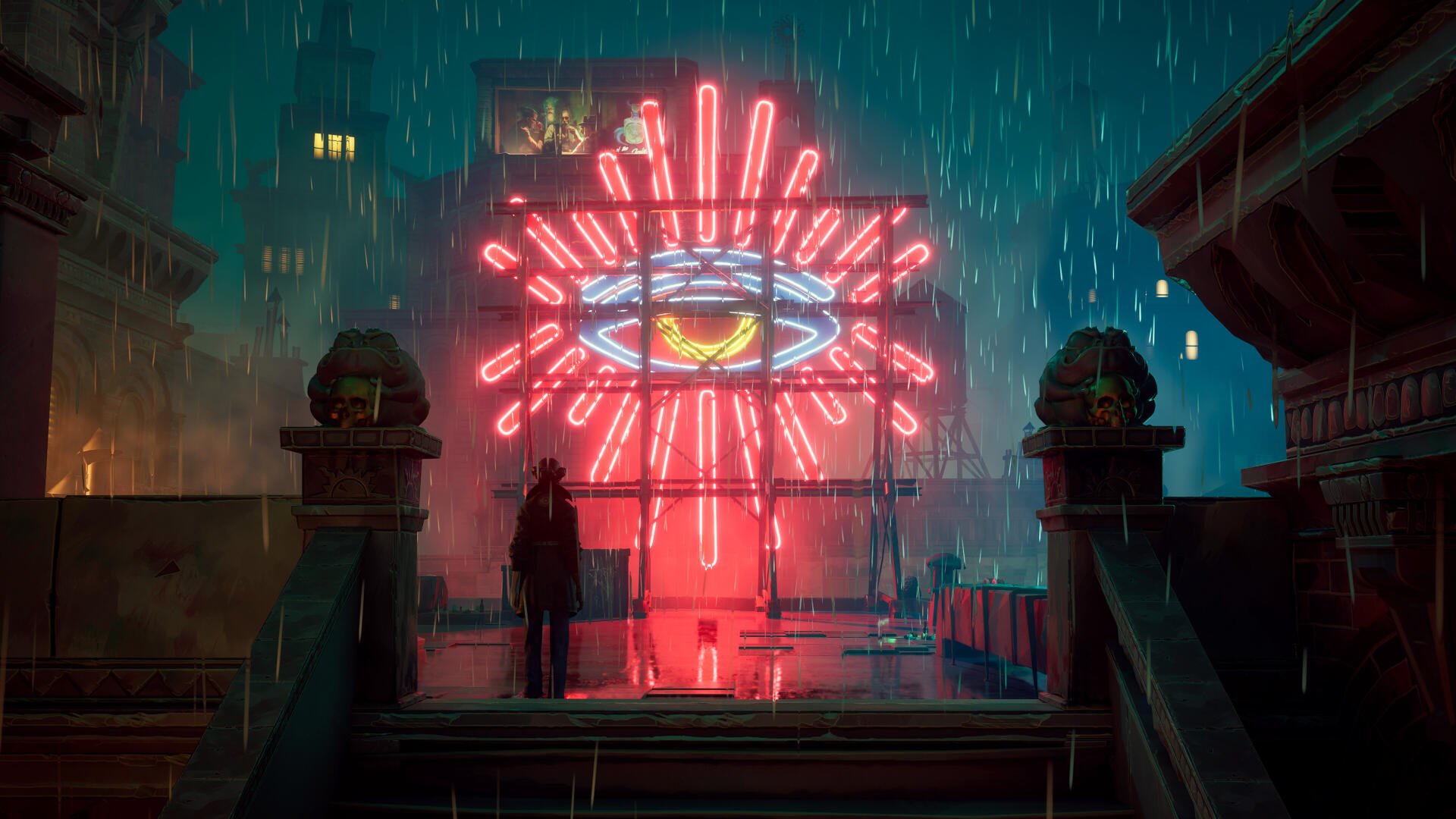 A captivating 4K Ultra HD wallpaper featuring a neon-lit scene from the video game Sleight of Hand, showcasing vibrant colors against a rainy urban backdrop.
