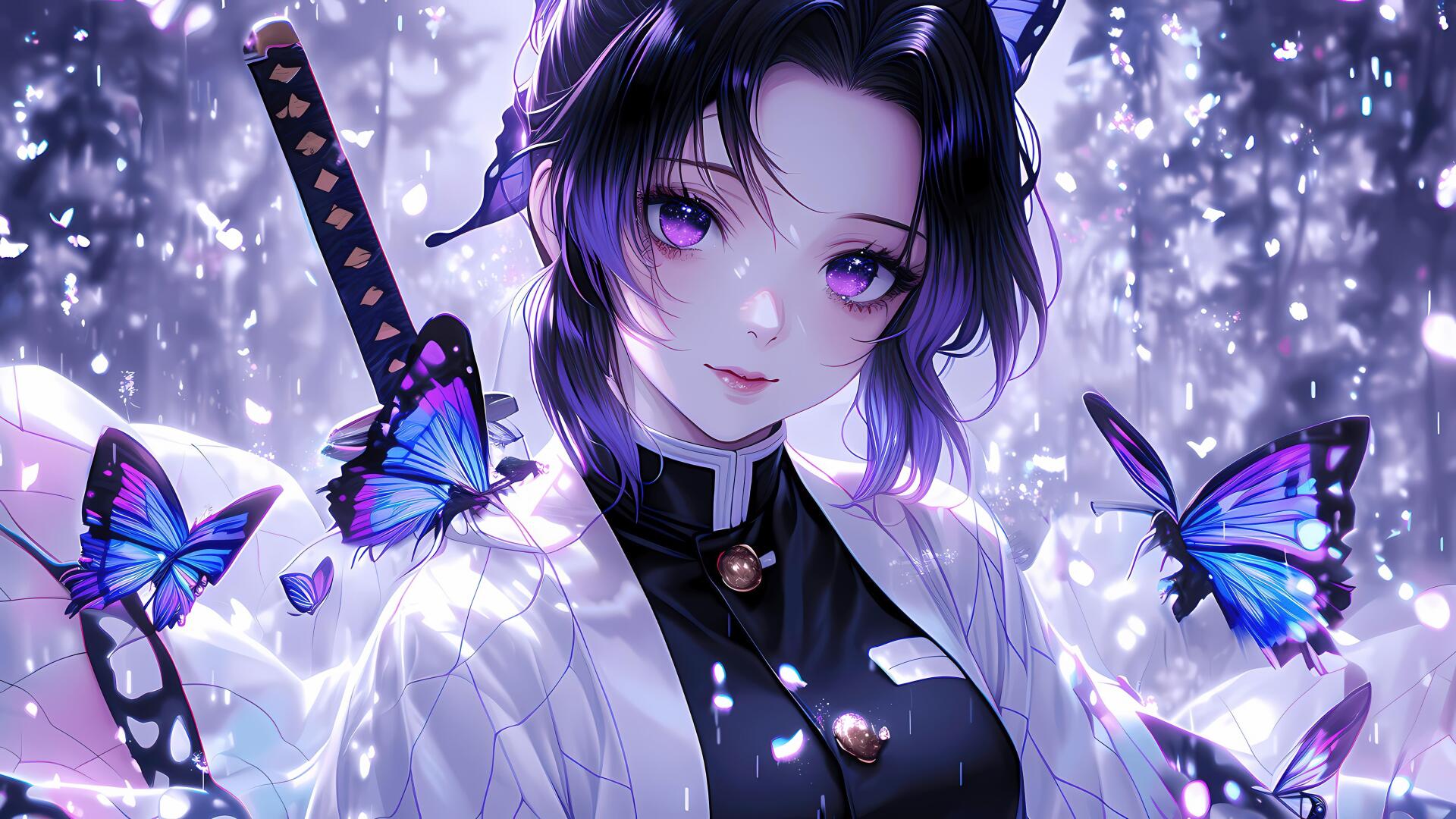4K Ultra HD wallpaper of Shinobu Kochou from Demon Slayer: Kimetsu no Yaiba, surrounded by glowing blue butterflies against a shimmering, ethereal background.