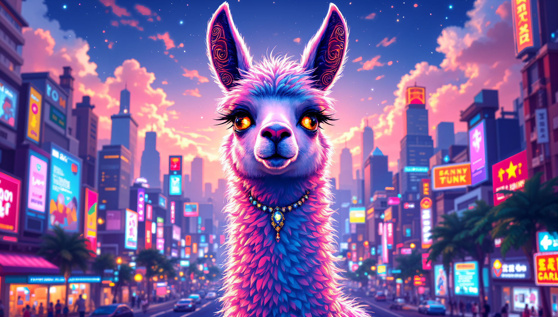 A colorful llama stands in a vibrant cityscape, illuminated by neon lights and a sunset sky, creating a captivating 4K Ultra HD desktop wallpaper and background.