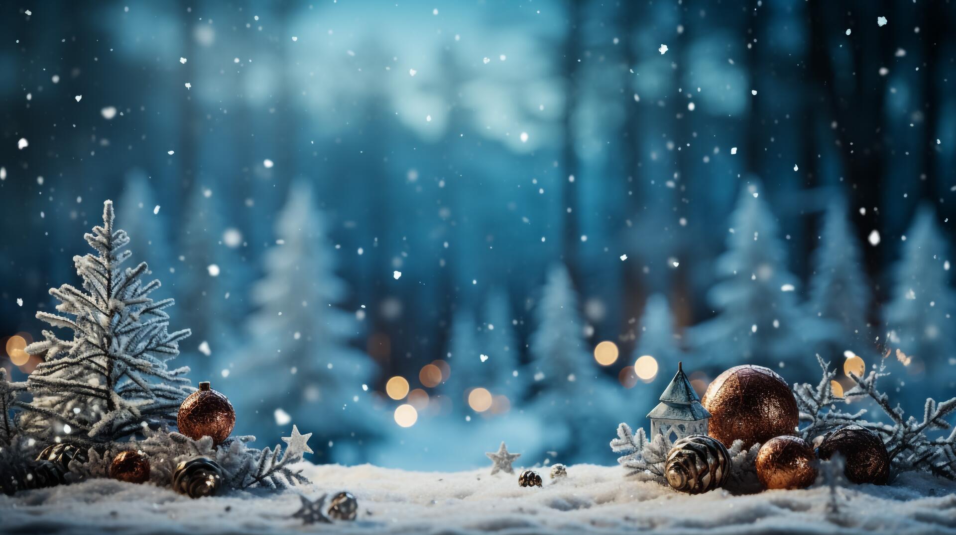 Snowy Christmas scene with New Year lights: ornaments and pinecones on a snow-covered foreground against a bluish bokeh forest — 5K Ultra HD PC desktop wallpaper/background.