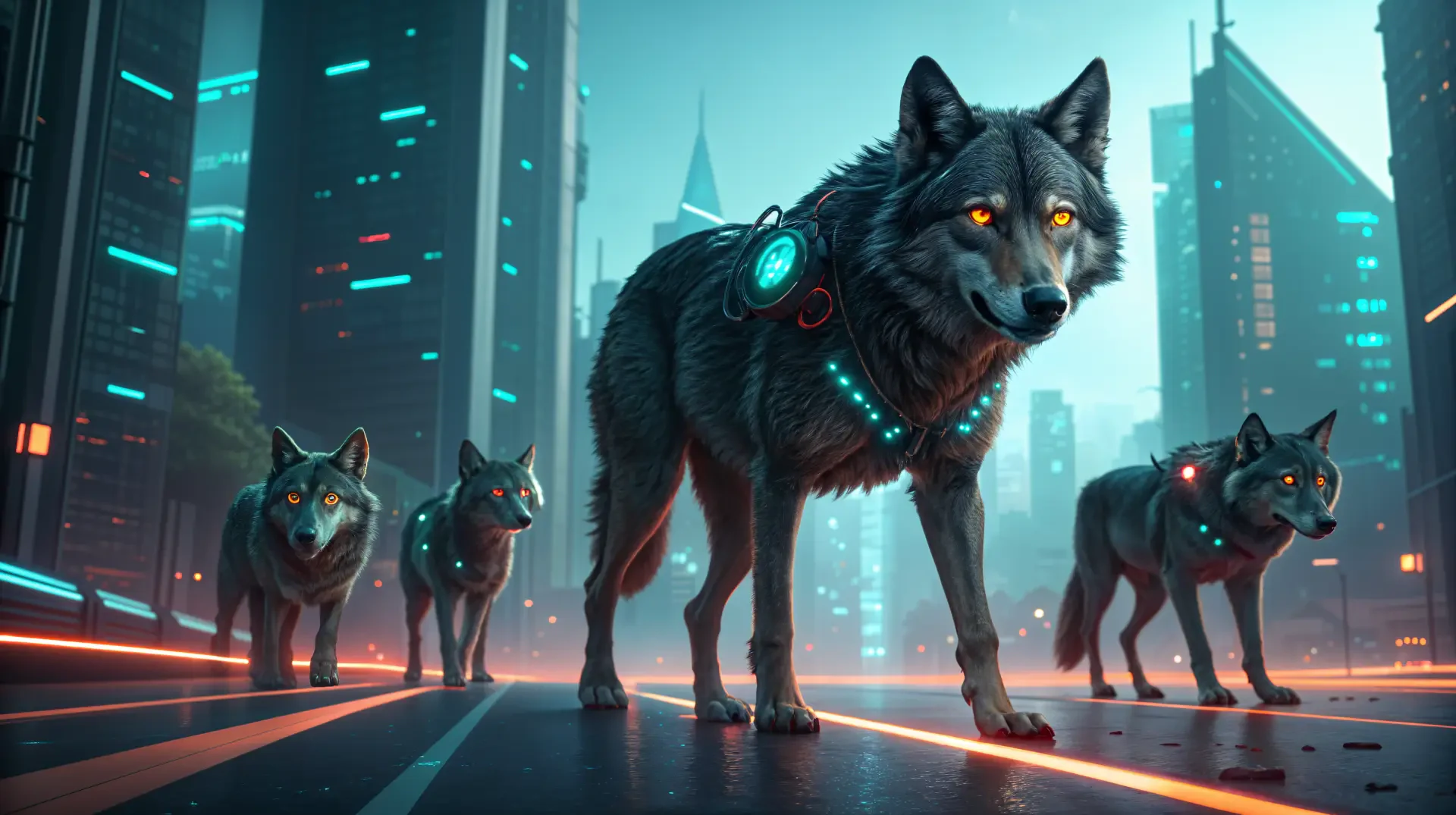 A visually striking 4K Ultra HD wallpaper featuring a formidable wolf pack, set against a vibrant, futuristic cityscape illuminated by neon lights.