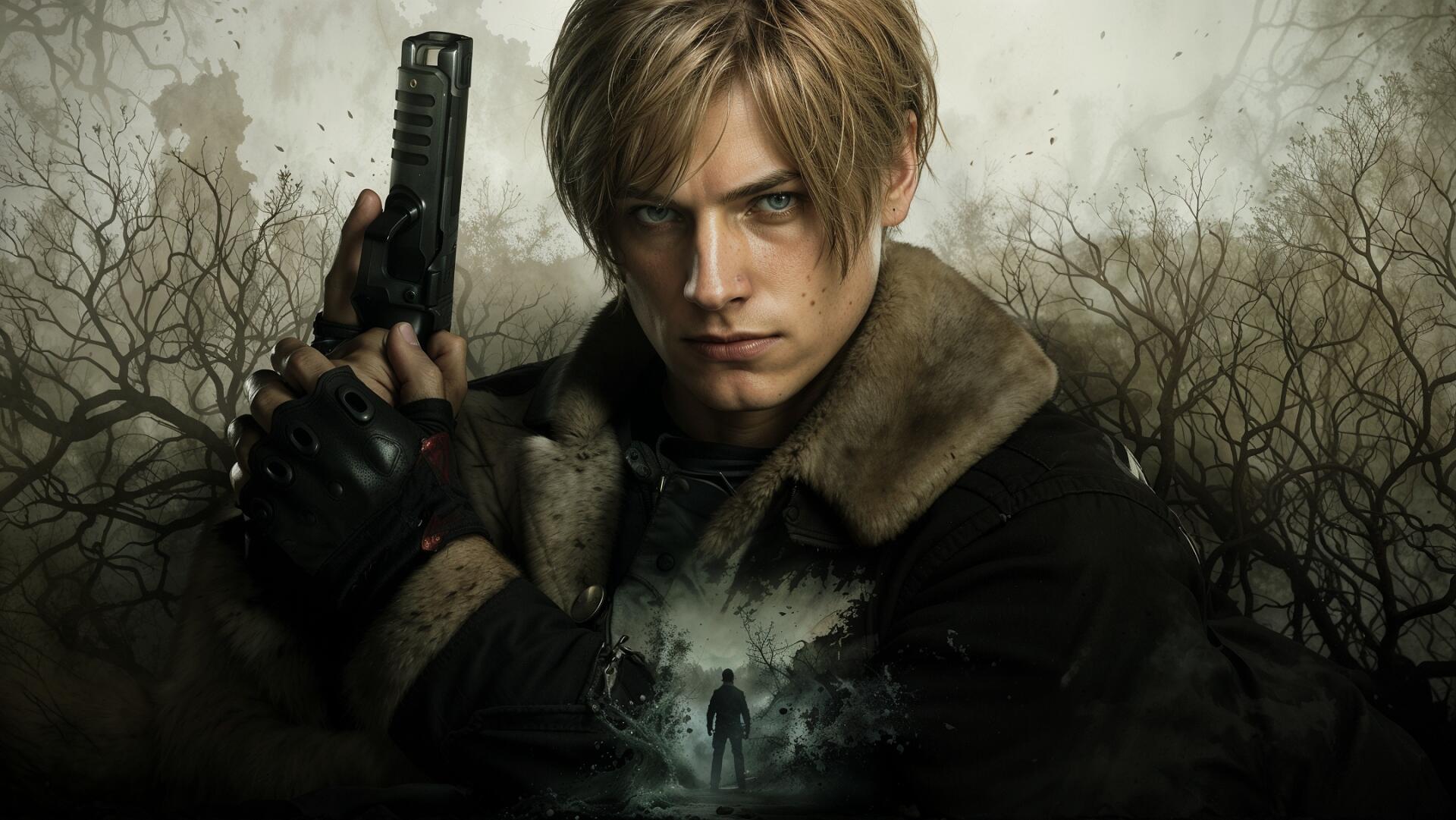 HD PC desktop wallpaper featuring Leon S. Kennedy from Resident Evil 4 (2023), highlighting themes from Resident Evil and Umbrella Corps in a dark, eerie setting.