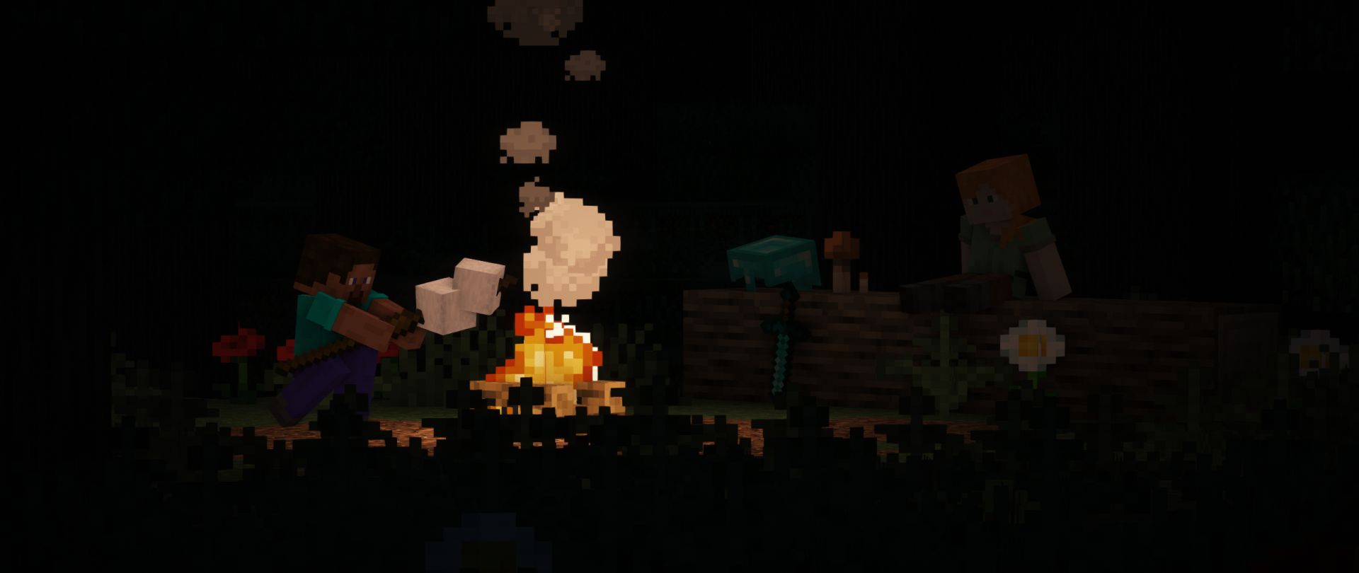 Cozy HD Minecraft PC wallpaper showing Steve and Alex sitting around a campfire at night, with warm glowing flames and pixelated smoke in a dark outdoor setting.