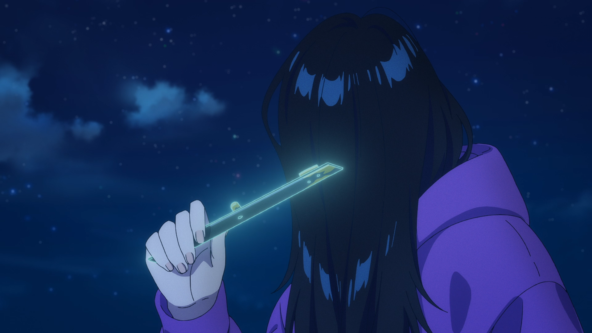 HD anime desktop wallpaper featuring a dark-haired character from Zenshu by Natsuko Hirose, holding a glowing object against a night sky backdrop.
