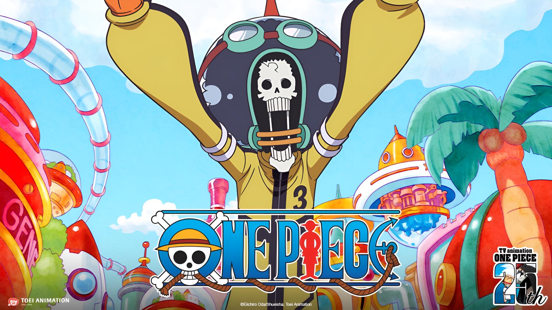 HD PC desktop wallpaper featuring Brook from One Piece — the anime skeleton musician raising his arms before a colorful carnival island and One Piece logo.