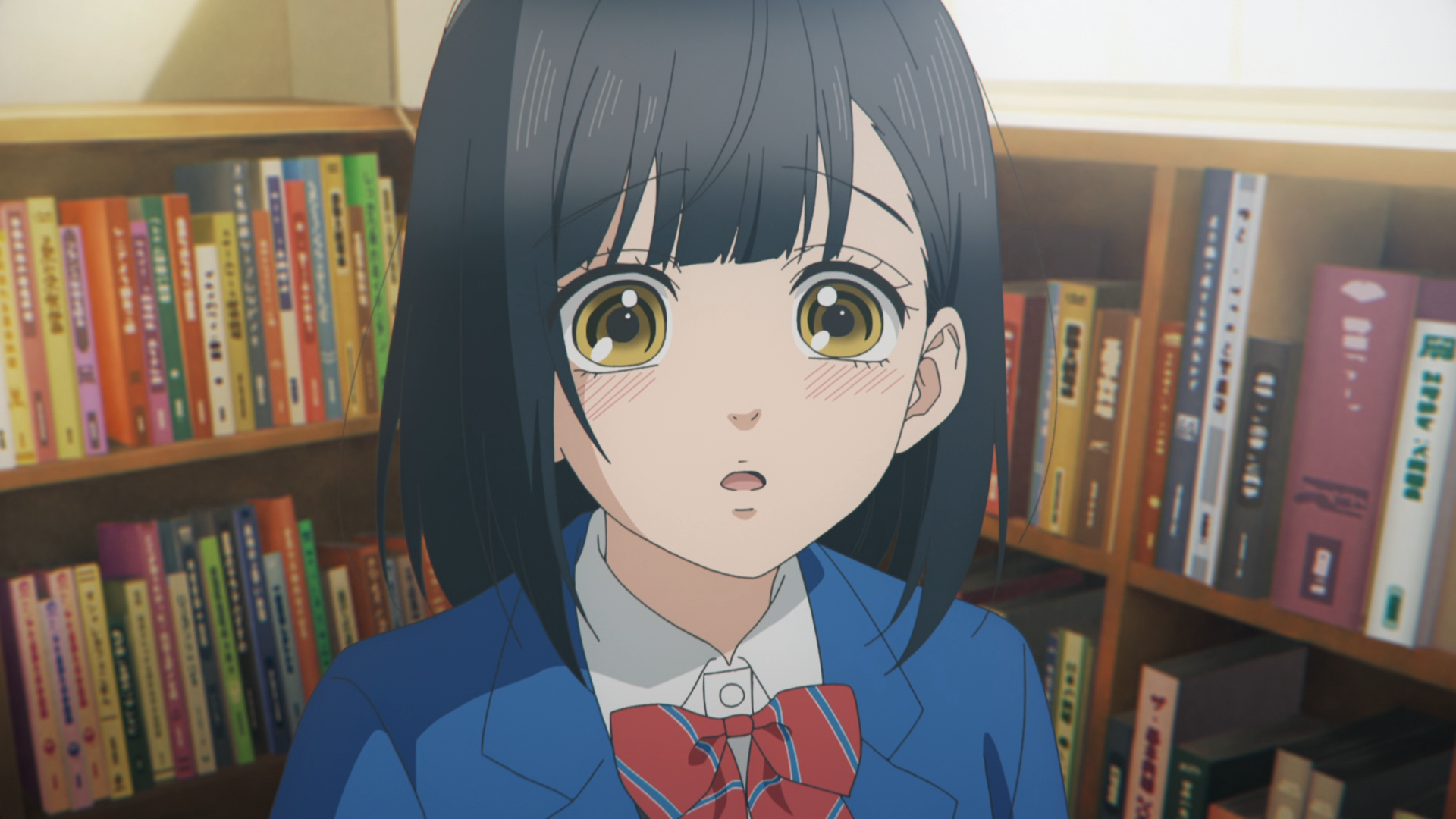 HD anime desktop wallpaper featuring Uka Ishimori from Honey Lemon Soda, showcasing her expressive eyes and dark hair against a background of colorful bookshelves.