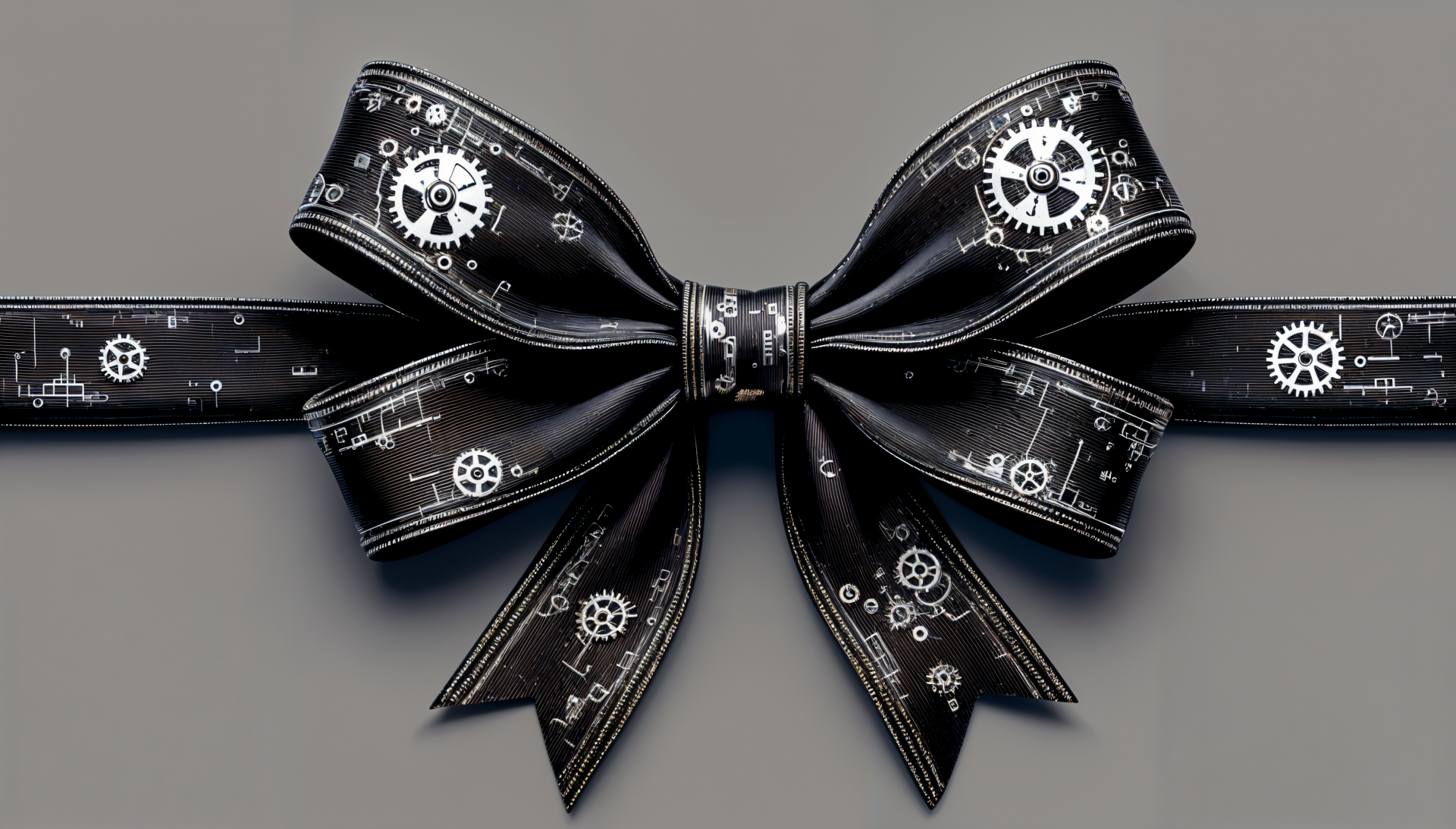 A sleek black ribbon with intricate gear patterns elegantly tied into a bow, showcased on a smooth gray background, making it an eye-catching 4K Ultra HD desktop wallpaper.