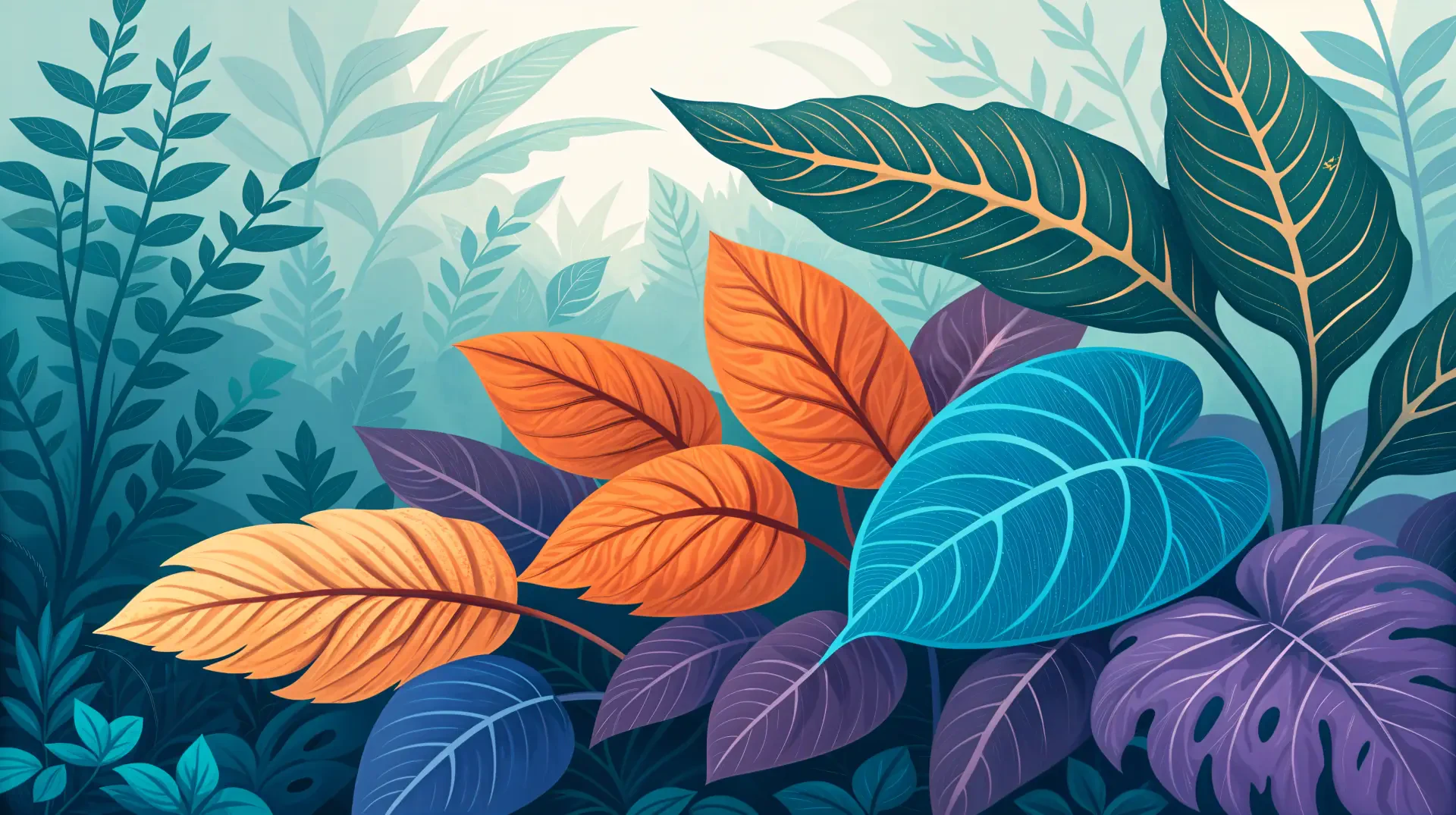 Vibrant digital foliage featuring colorful leaves in shades of orange, blue, and purple, set against a lush green background. A stunning 4K Ultra HD desktop wallpaper.