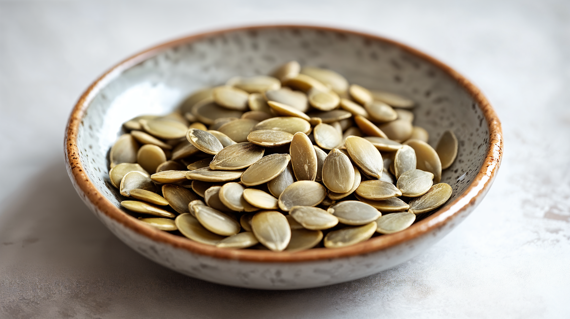 A close-up of roasted pumpkin seeds in a rustic bowl, showcasing their creamy color and texture. This vibrant image serves as a 4K Ultra HD desktop wallpaper and background.