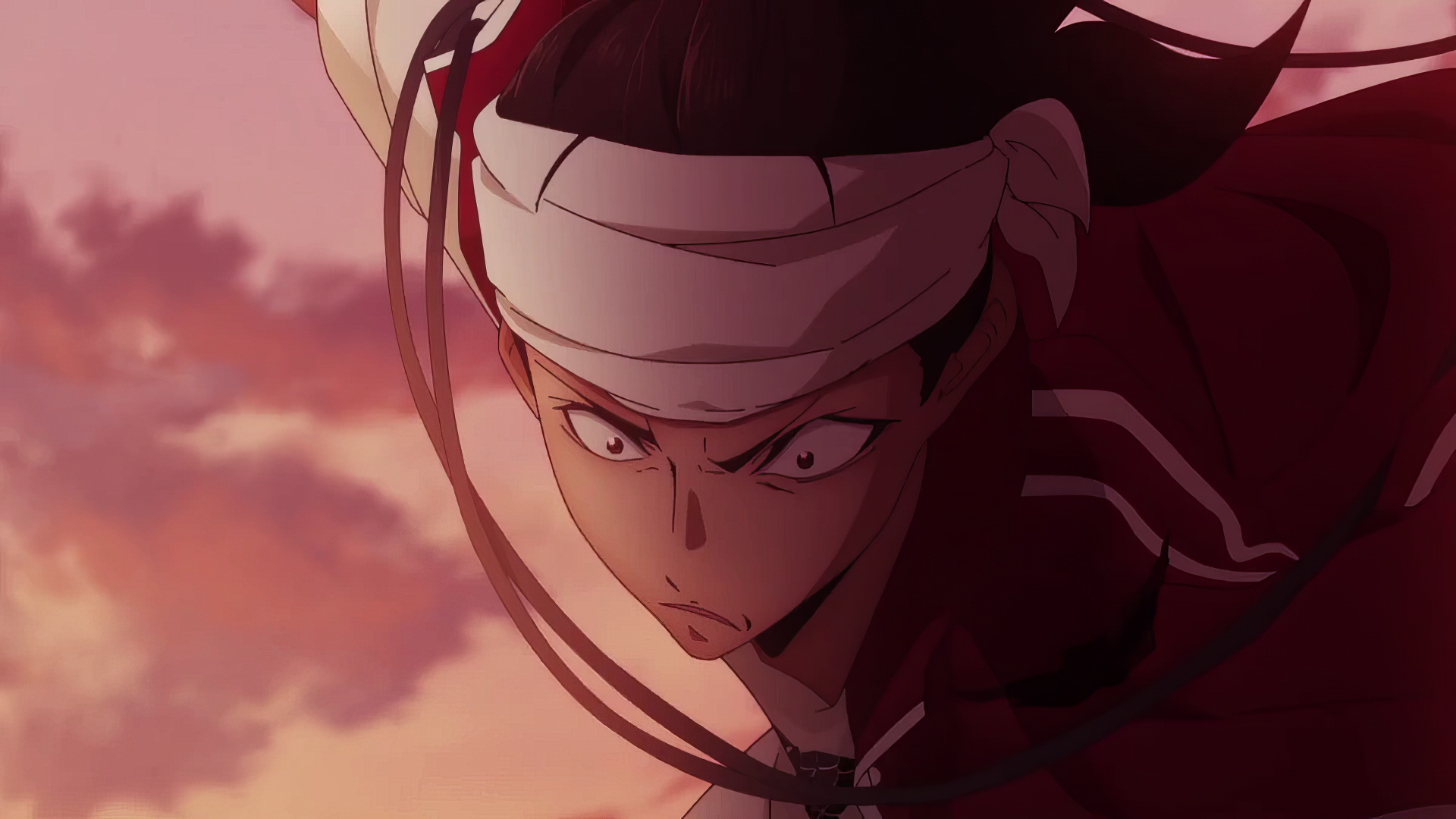 An intense anime scene featuring Soujiro the Willow-Sword from Ishura, with dramatic lighting and a fierce expression, creating a captivating HD desktop wallpaper.