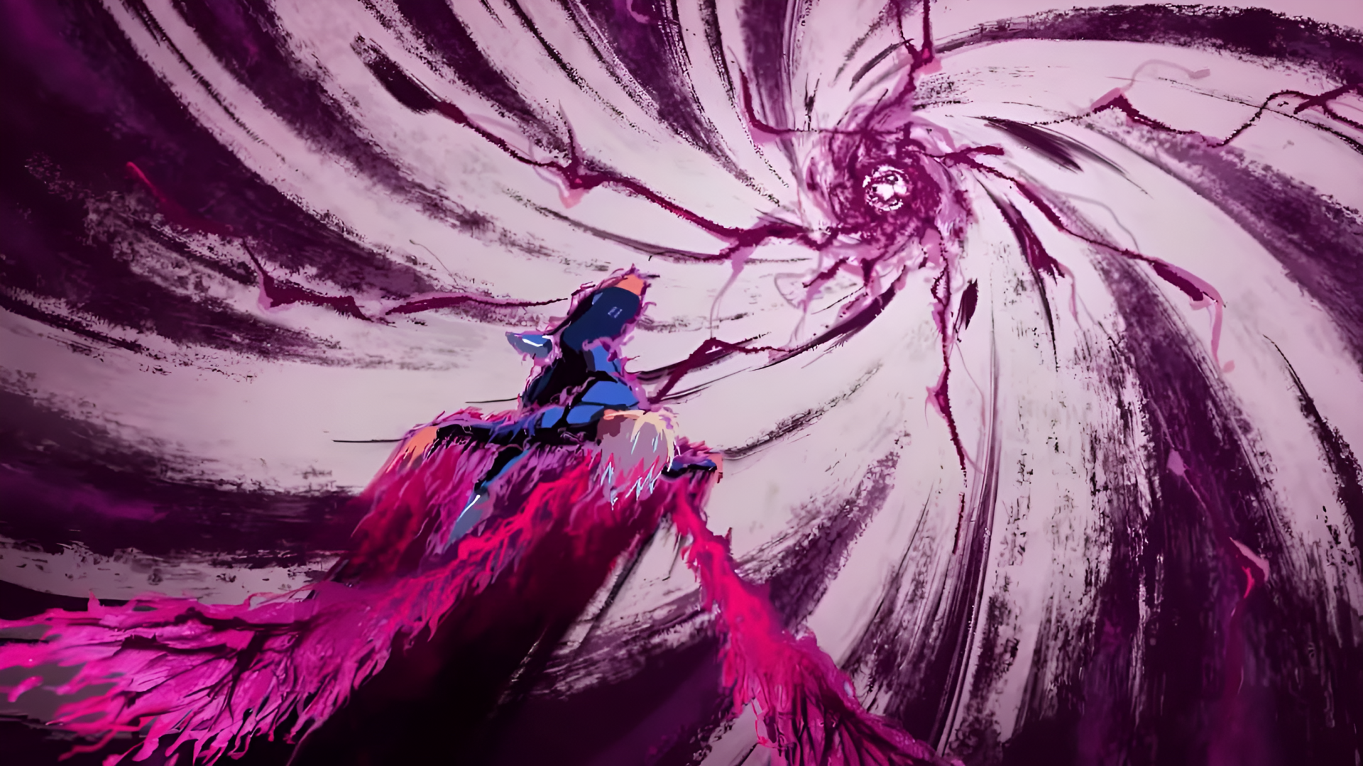 HD anime desktop wallpaper featuring Shidou Ryusei from Blue Lock, with dynamic swirling patterns and vibrant pink and purple hues.