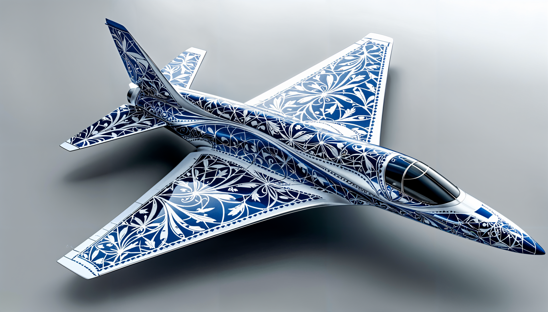 A beautifully designed jet featuring intricate blue floral patterns, showcased in stunning detail. This image serves as a striking 4K Ultra HD PC desktop wallpaper and background.