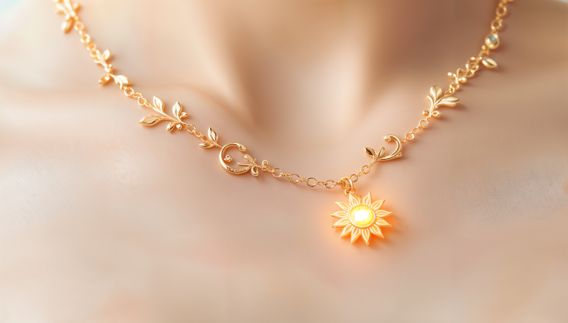 A close-up of an elegant gold necklace featuring intricate leaf designs and a sun-shaped pendant, set against a soft background, presented as a 4K Ultra HD desktop wallpaper.