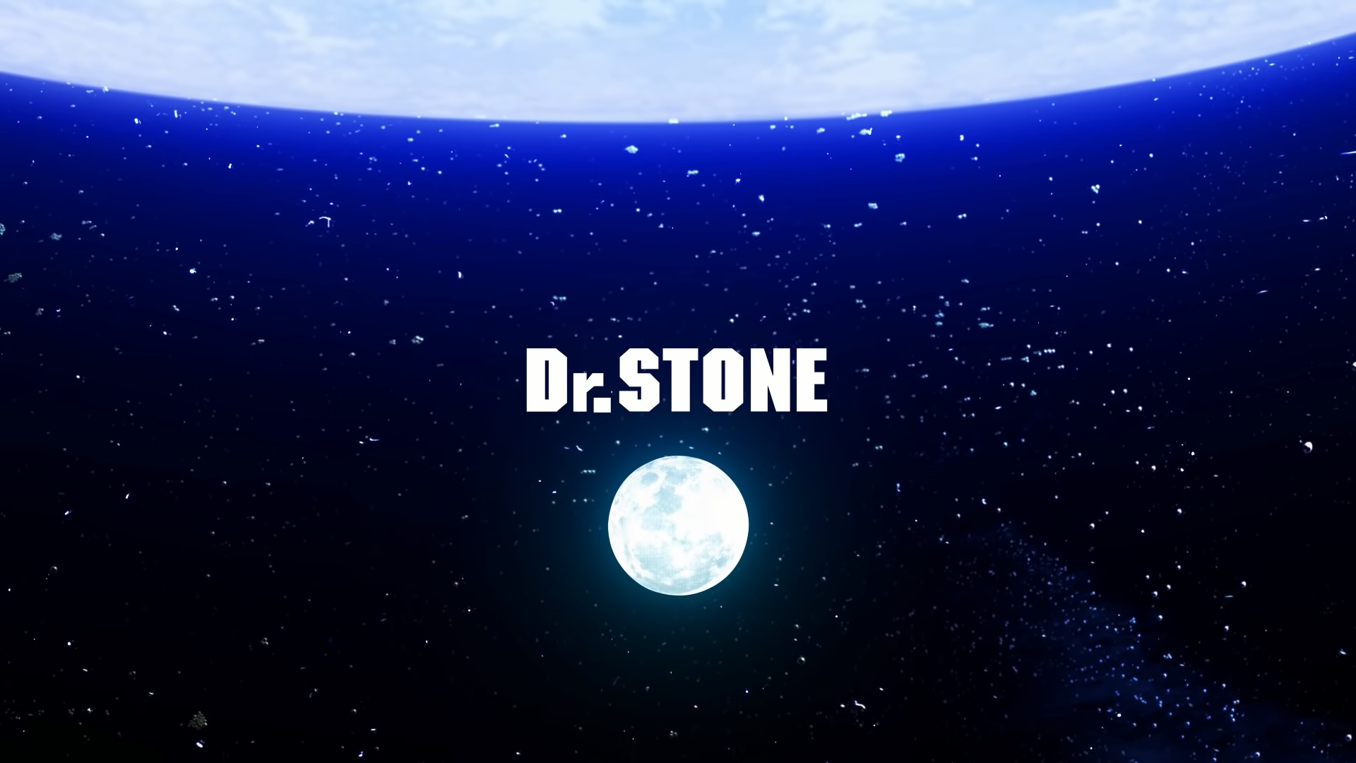 HD PC desktop wallpaper featuring the anime Dr. Stone with a bright full moon against a starry night sky and the Dr. Stone title centered.